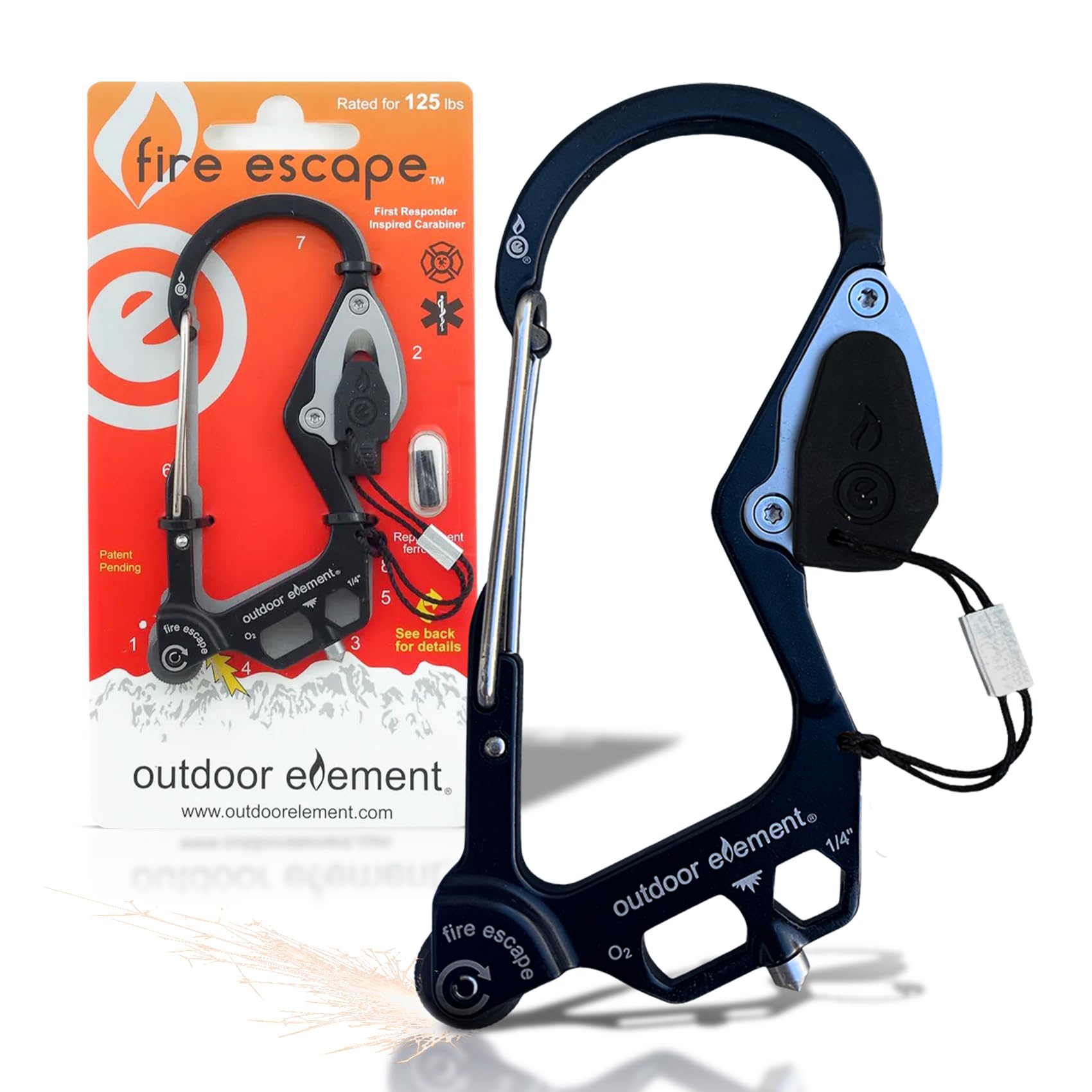 OUTDOOR ELEMENT Fire Escape, Emergency Escape Tool, Seatbelt Cutter, Window Breaker, Multi Tool, Fire Starter, Carabiner, and Much More