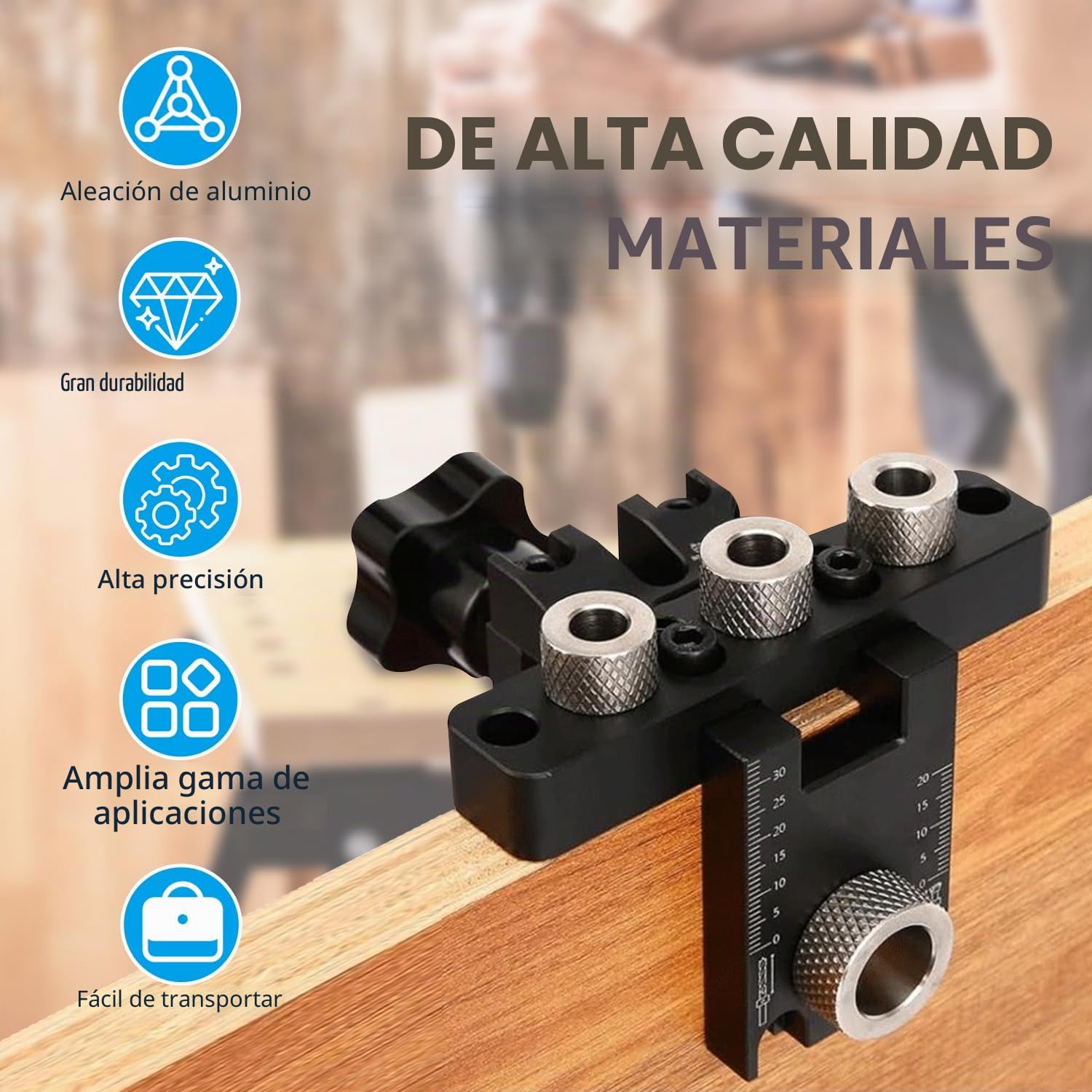 FIVAVA 3 en 1 Plantilla de Perforación 8/10/15mm, Guía Ajustable con Clip de Posicionamiento, Kit para Tacos de Madera y Bisagra Oculta, Herramientas de Carpintería para Muebles