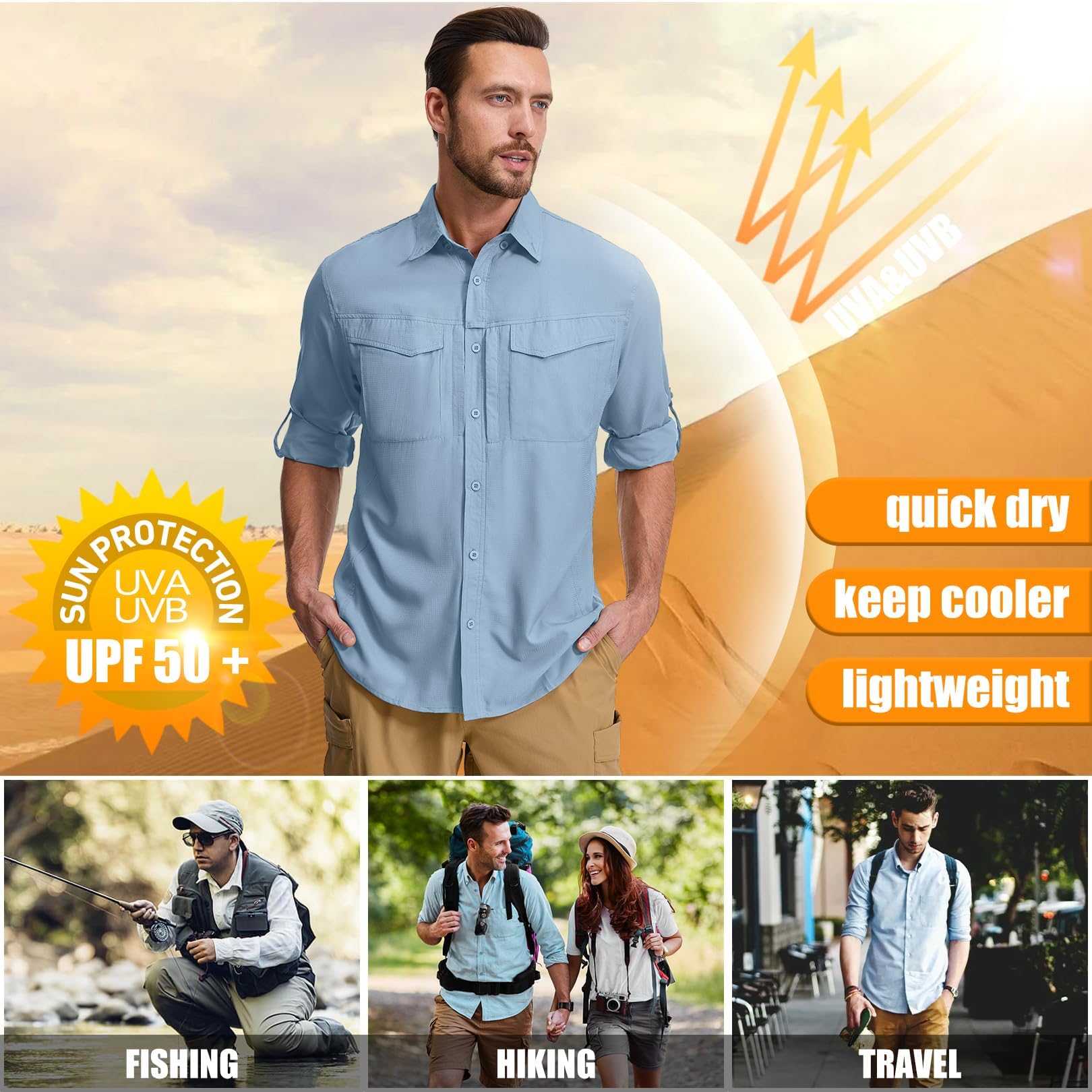 Safari UPF50+ Chemise de randonnée à manches longues pour homme Protection UV Respirant Séchage rapide