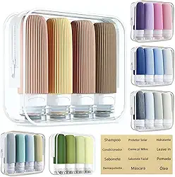 Kit 4 Frascos Potes Silicone Viagem 90ml Canelado Aprovado TSA - Adesivos em Português (Bege e Marrom)