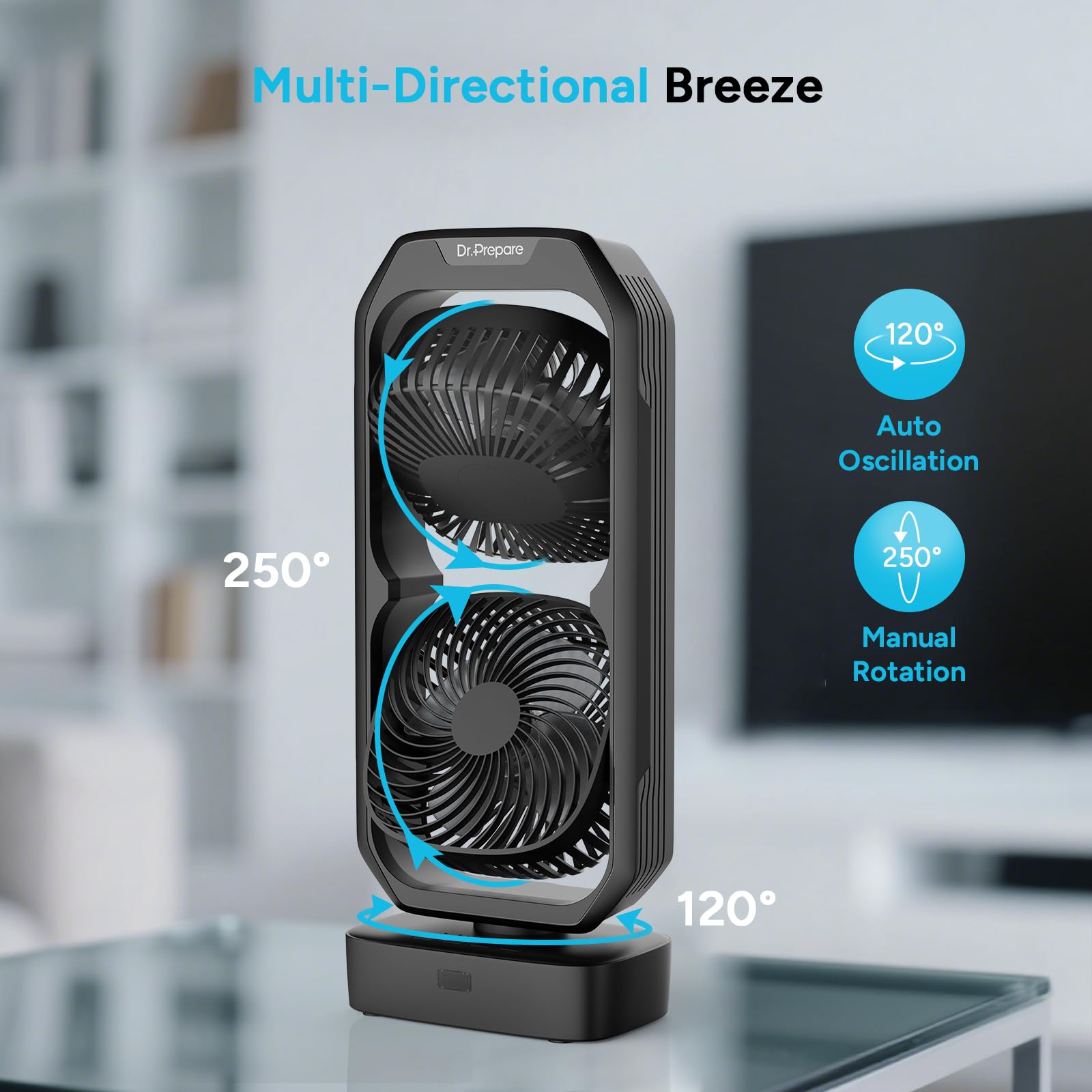 DR.PREPARE Piccolo ventilatore a torre oscillante con telecomando, ventilatore da scrivania alimentato a batteria ricaricabile per camera da letto, inclinazione di 250°, timer 8 ore, 3