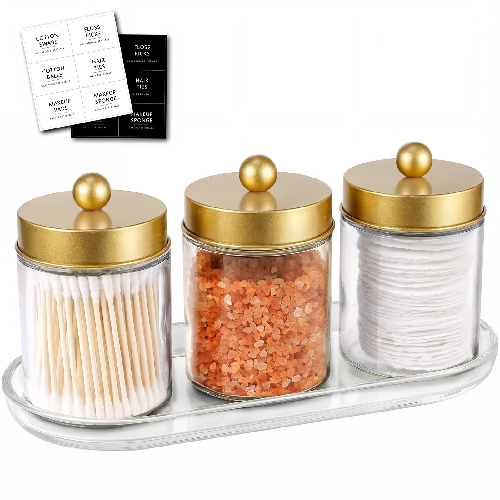 SheeChung 3-Pack Glass Apothecary Jars with Acrylic Vanity Tray - Bathroom Organizer Set for Qtip Cotton Ball Floss