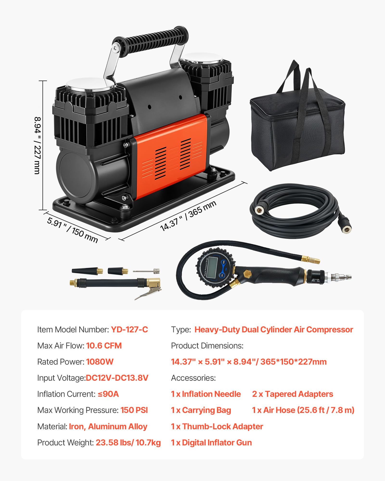 VEVOR Compresor de Aire de Doble Cilindro para Trabajo Pesado, Inflador de Neumáticos Portátil 300 L/min, con Manómetro Digital y Adaptadores a Camiones, SUV y Autocaravanas, 365 x 150 x 227 mm — view 7