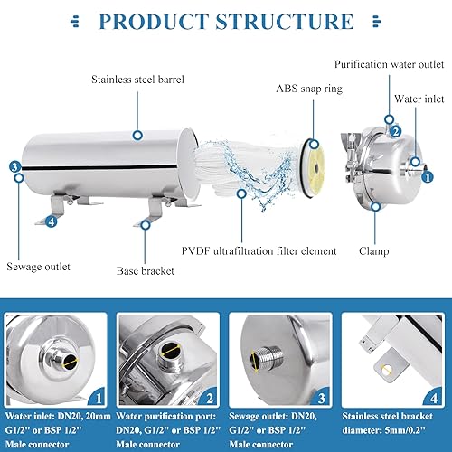 Miniatura 2 de Filtro de agua de ultrafiltración de acero inoxidable de 0.01 micrones, sistema de filtro de agua debajo del fregadero, 900 L/H para el fregadero de