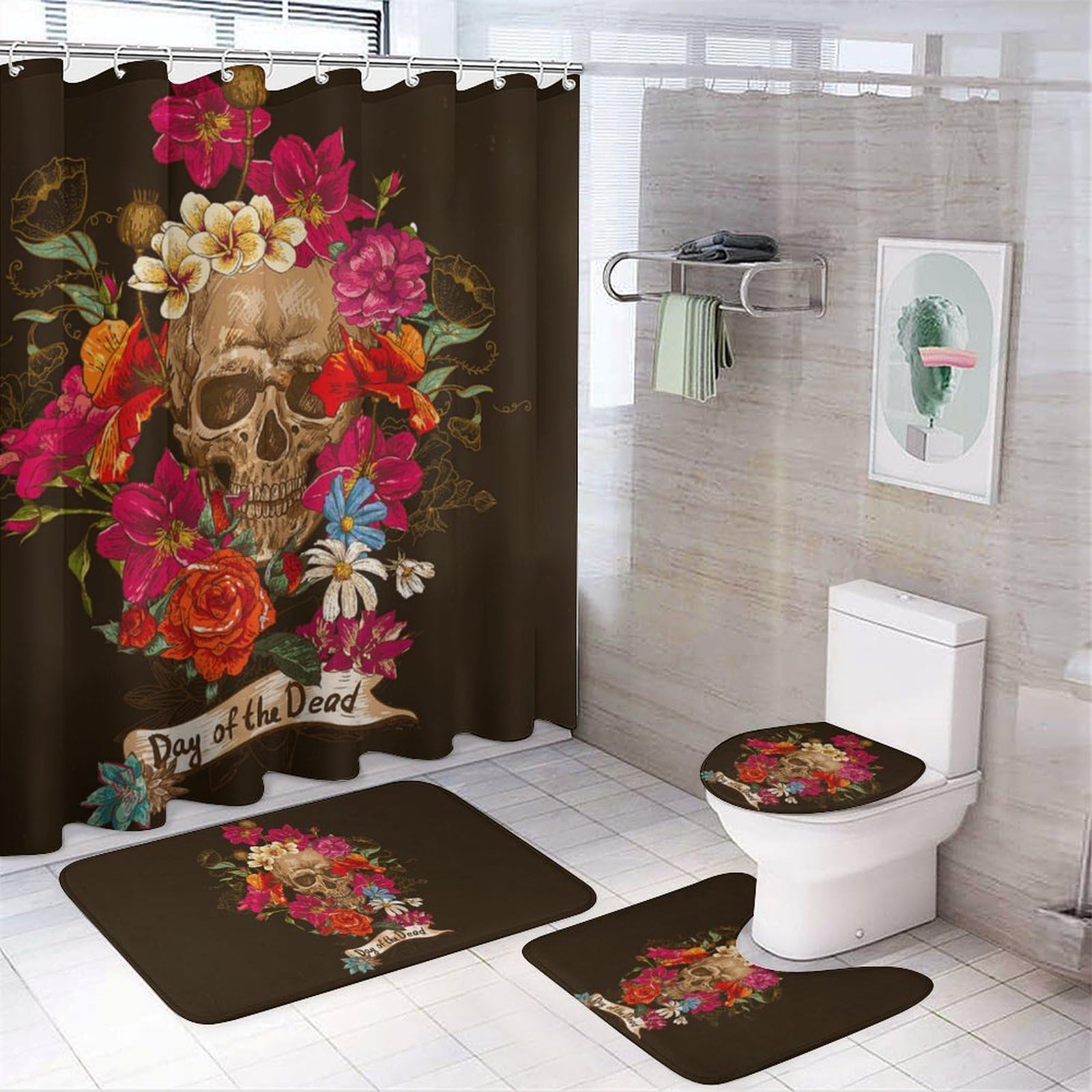 JZemdybill Bathroom Mat Set 4 Piece, Day Of The Dead Shower Curtain with Non-Slip Bath Mats for Bathroom