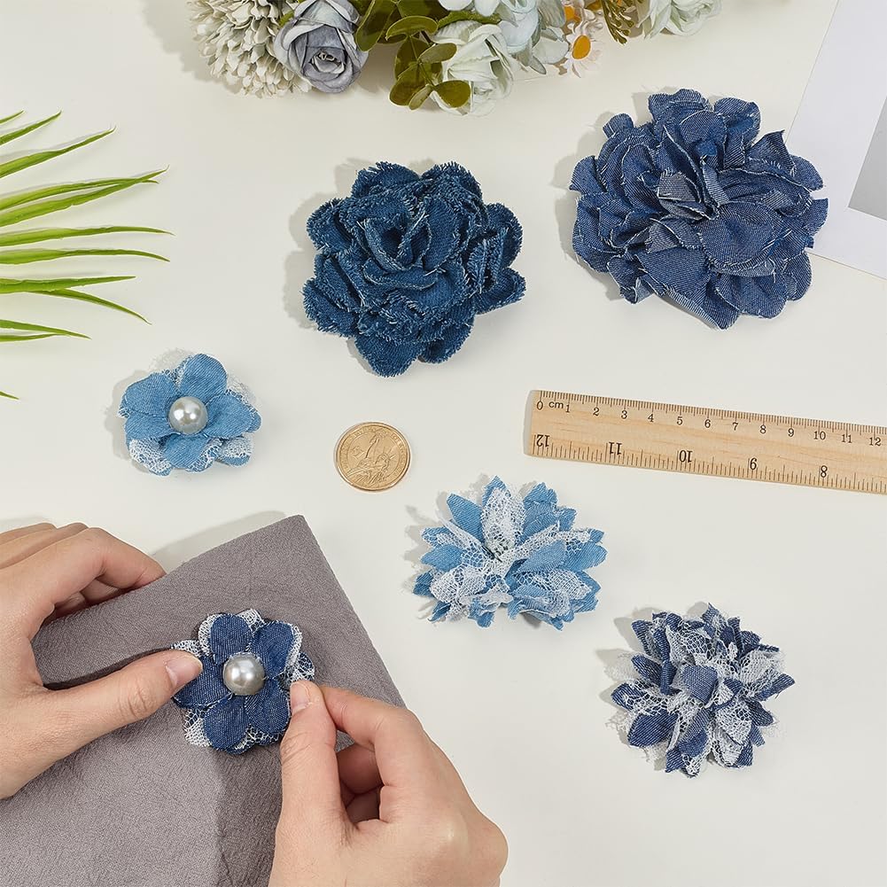 6Pcs 6 Styles Denim Fabric Flowers Sew On Vintage Layered 3D Floral Shaped Cloth Patches Decorative Pearls Appliques Bulk for Sewing Making Jewelry Clothing Accessories Hats Dress DIY Craft image 3