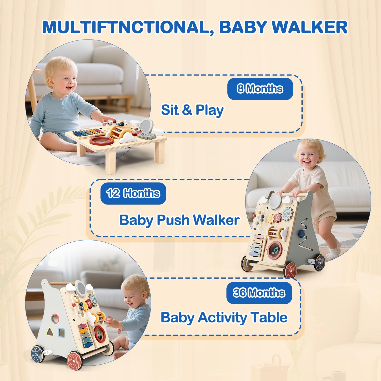 Drewniany chodzik dla dzieci 2 w 1 Montessori Chodzik dziecięcy z interaktywnymi zajęciami zabawki dla niemowląt 1+ rok Baby Walker na pierwsze kroki prezent dla dziecka chłopiec dziewczynka