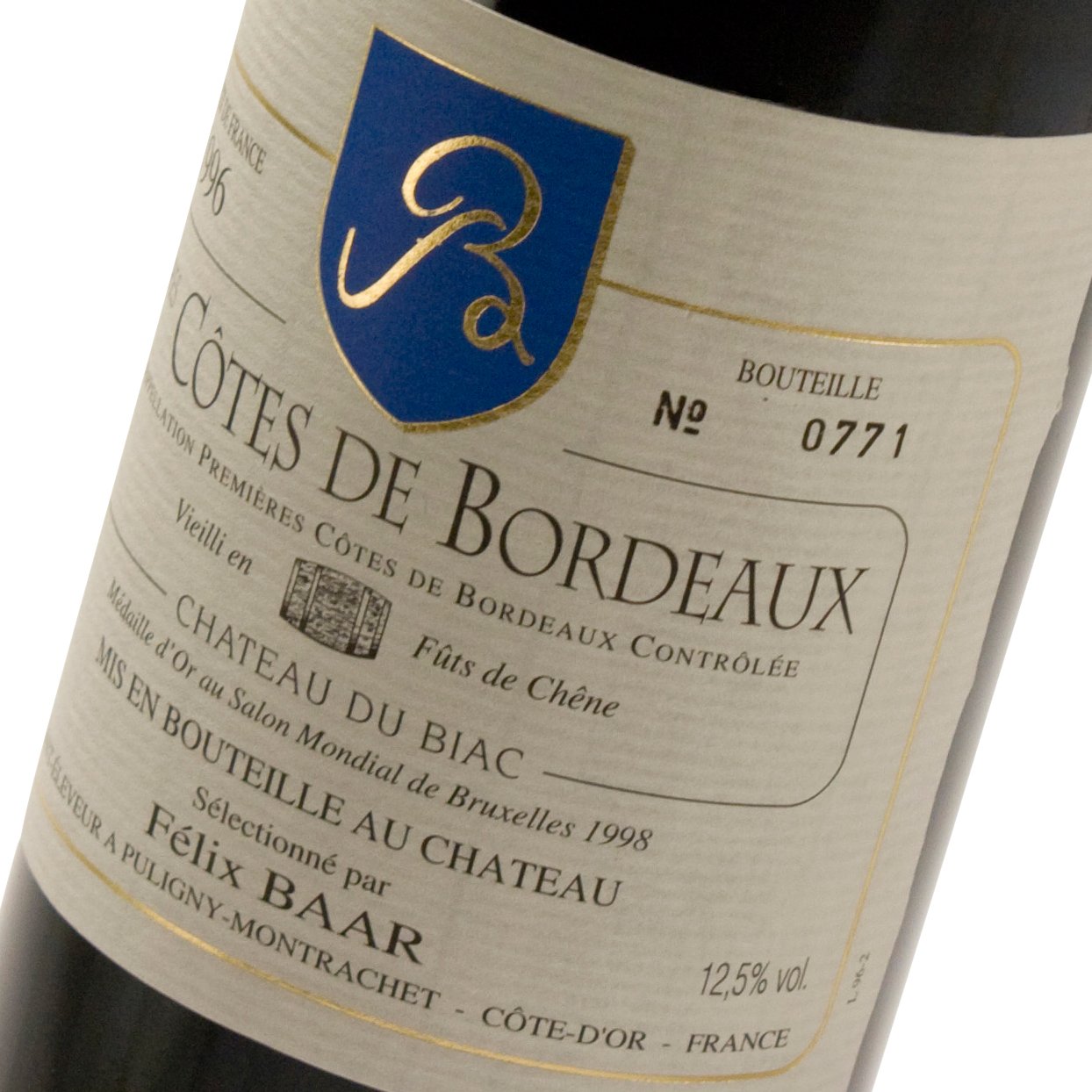 1res Côtes de Bordeaux AOC 1996 - Preisgekrönter Jahrgangs-wein mit Goldmedaille aus Frankreich, Französischer Rotwein, Cabernet Sauvignon
