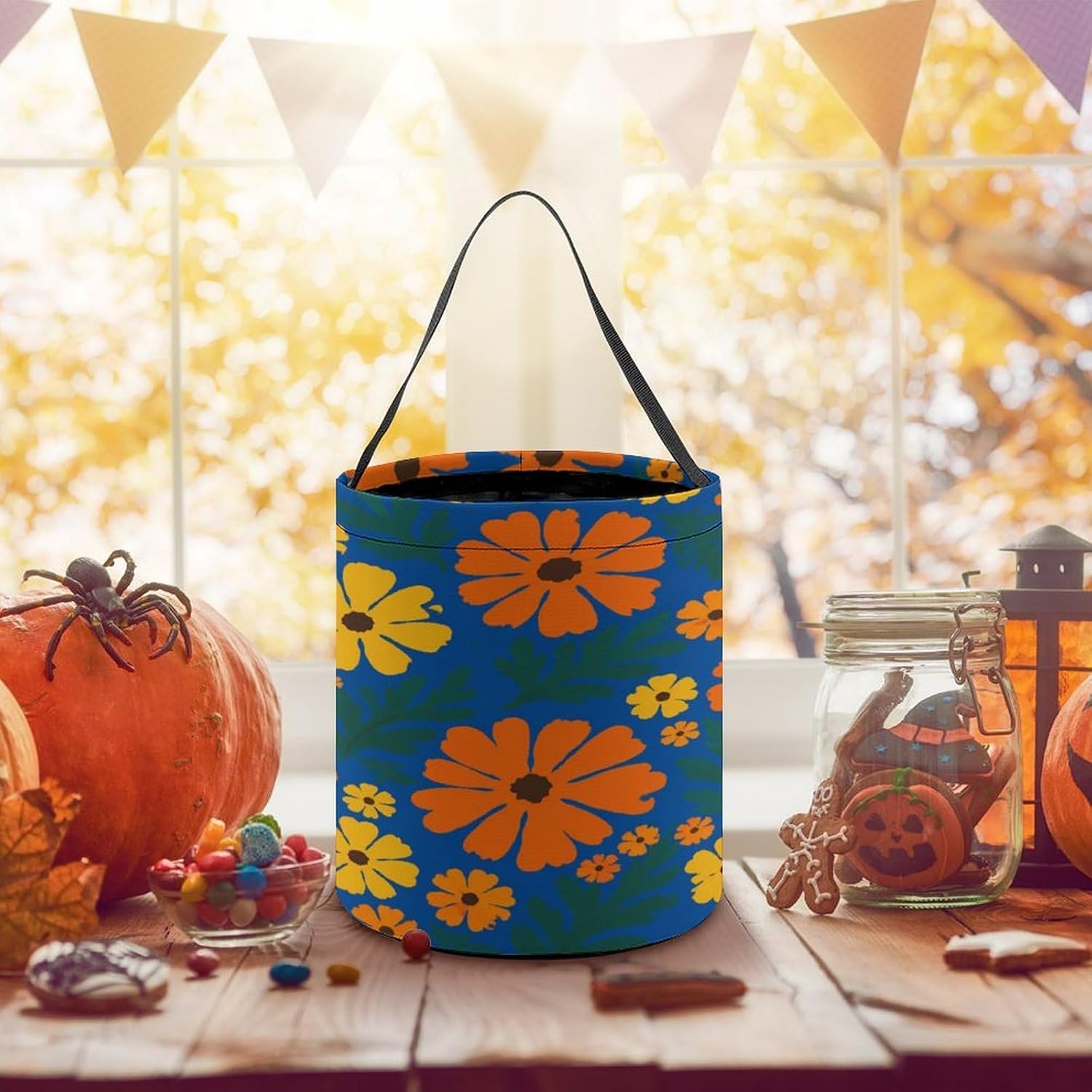Orange Chrysanthemum Halloween Trick Or Treat Bucket Candy Tote Hand‑held Pouch for Cosplay Theme Party Gift Storage image 5