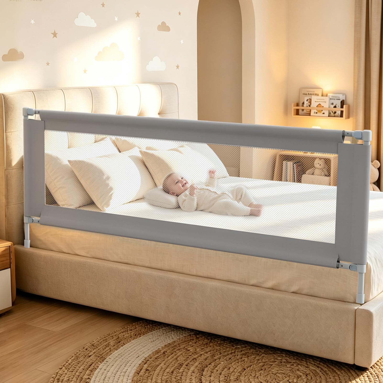 Sponda di protezione per letto per bambini, 190 cm, di sicurezza, per bambini, con base rinforzata a forma di S