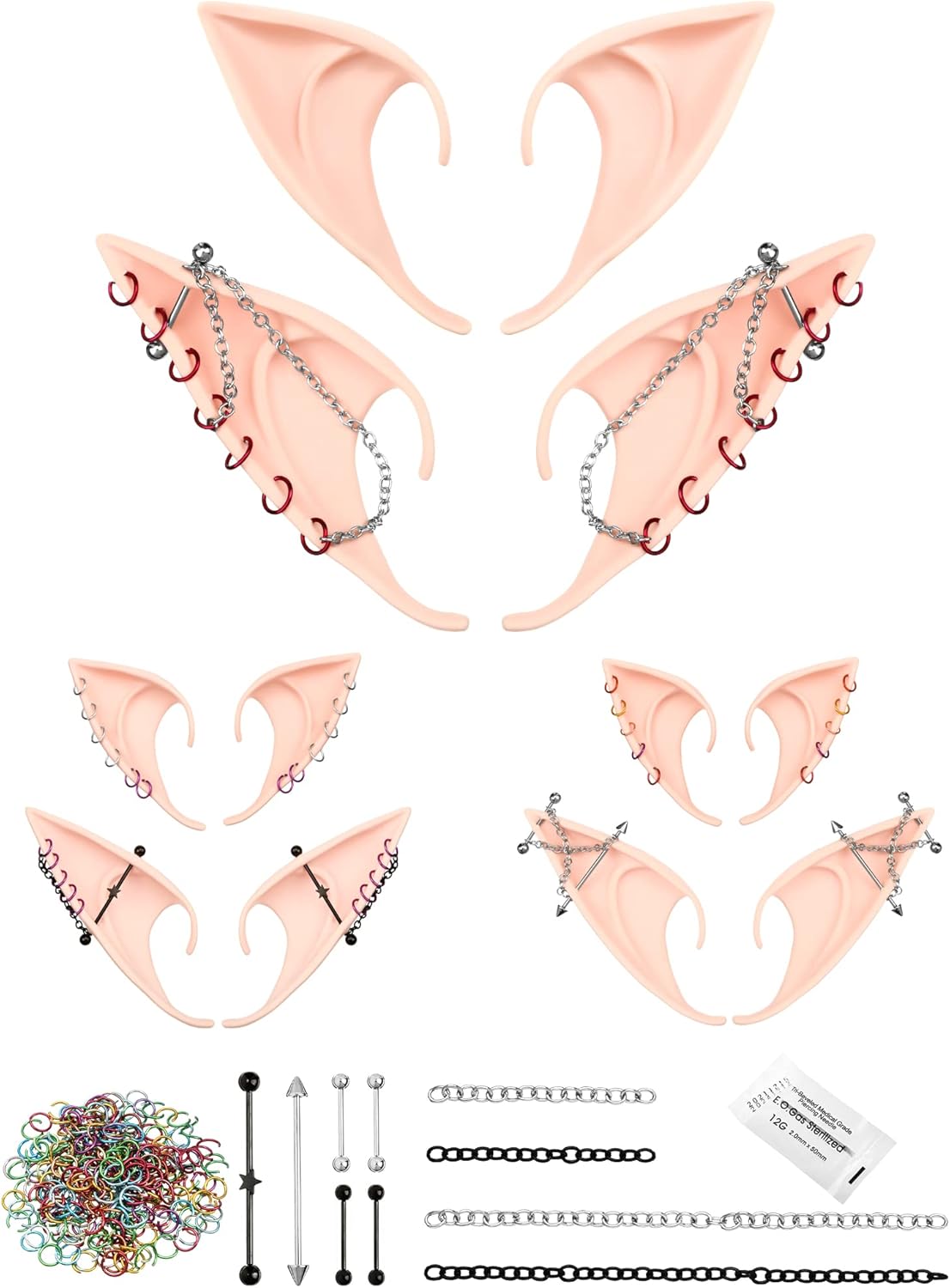 Tbczvx 21 Pcs Elf Ears Set, Fairy Ears With 14 Pcs Earrings And Moon Headband Cosplay Halloween Party Live Broadcast Props Soft Alien Ears Silvery Earrings Set Anime Party Dress Up Costume