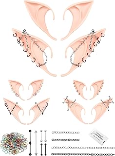 Tudomro 6 Pairs Halloween Elf Ears Set Fairy Ears Elf Ears for Kids Women Elf Ears with Piercings, Chains, Jump Rings Latex Fairy Ears Cosplay Pixie Ears for Halloween Party Costume Accessories
