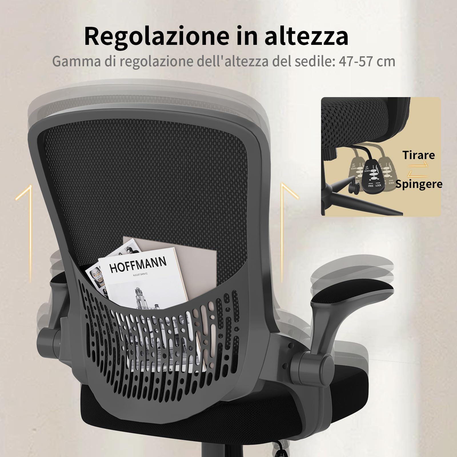 naspaluro Sedia Ufficio,Sedie Scrivania Ergonomica Con Braccioli Ribaltabili a 90°,Poltrona Ufficio Ergonomica lombare, Rivestimento in Rete Traspirante, Sedia Girevole a 360° Con Funzione Swing,Nera