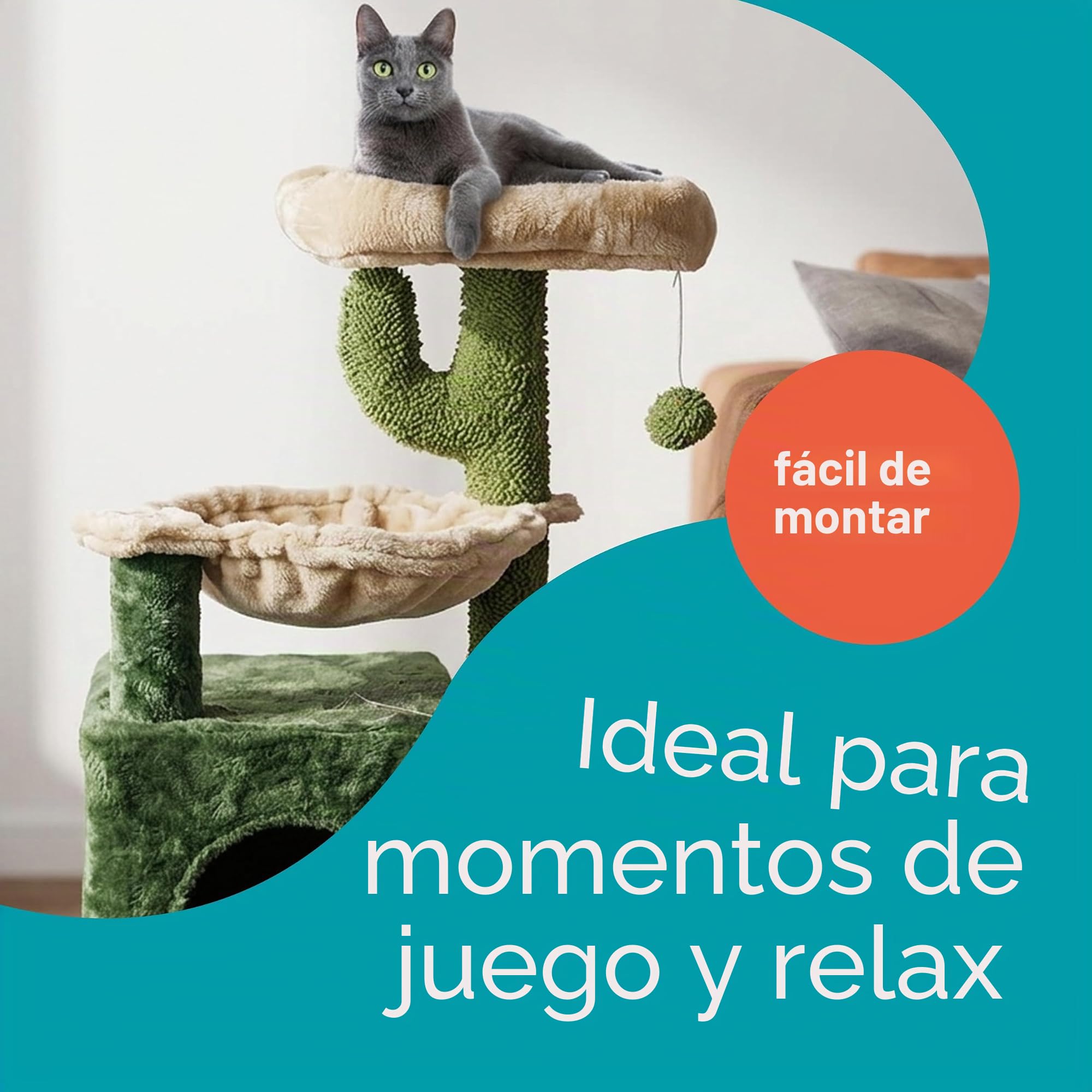 Aqpet Rascador con caseta y Hamaca de sisal y Tela, Altura 75 cm para el máximo Disfrute de su Gato, Color Beige/Verde