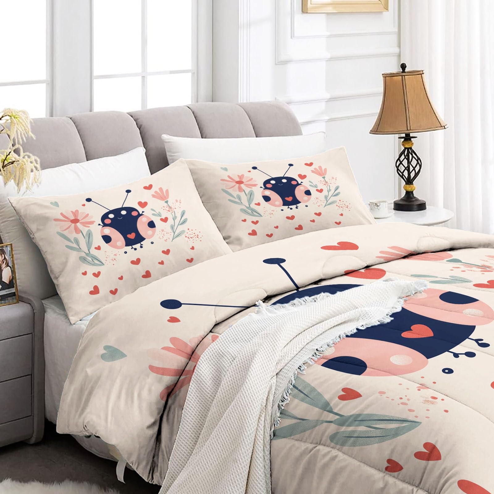 Lindos Insectos De Dibujos Animados Edredón nórdico de Microfibra 155x220 cm – Relleno nórdico 4 Estaciones – Ultra Suave Ligero, Reversible y Transpirable, Rosa Claro
