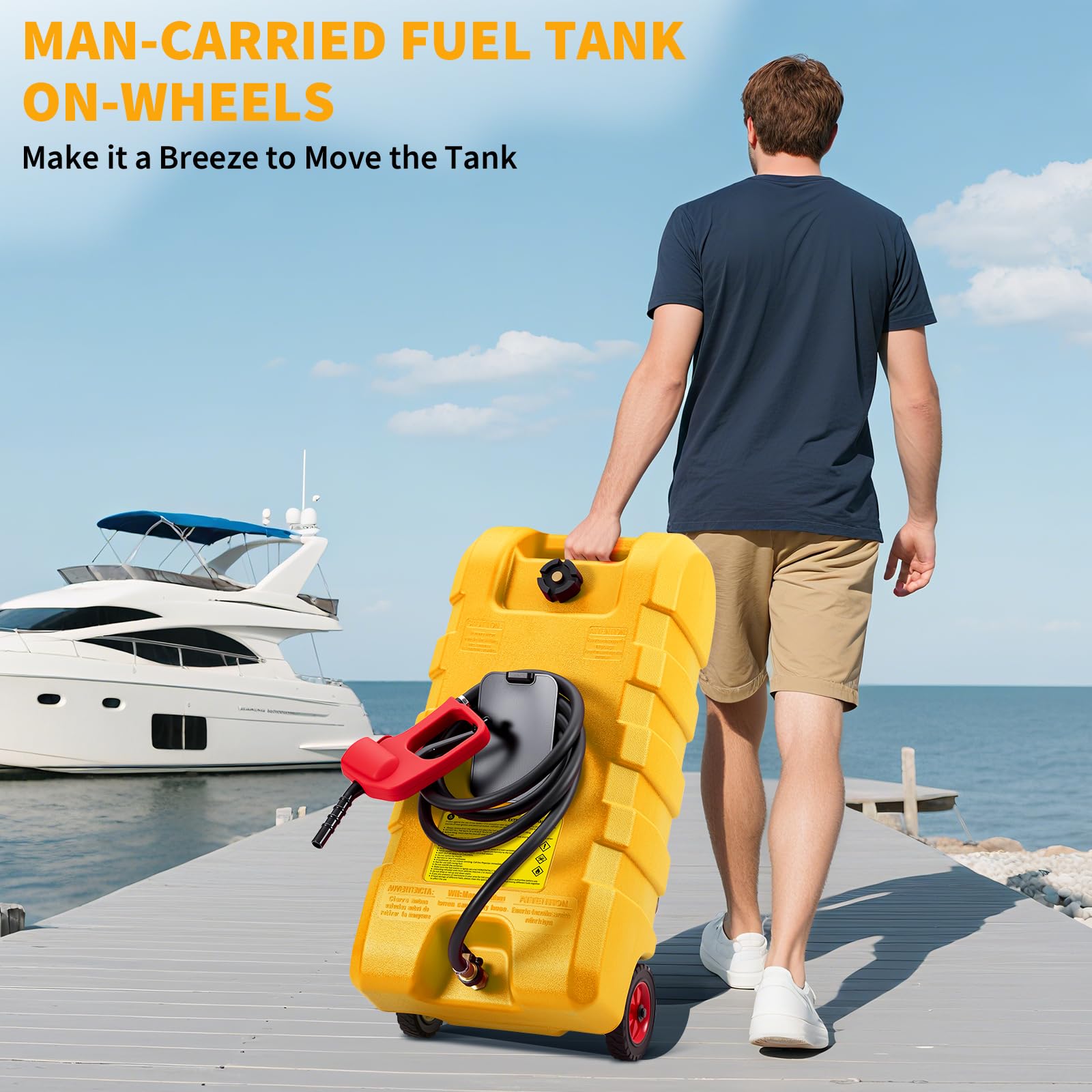 Bidón de gasolina de 57 l (15 galones) con bomba de mano y manguera, sifón de 7,5 l/min – Bidón de combustible enrollable para coche, barco, cortacésped, ATV, resistente a los rayos UV, HDPE