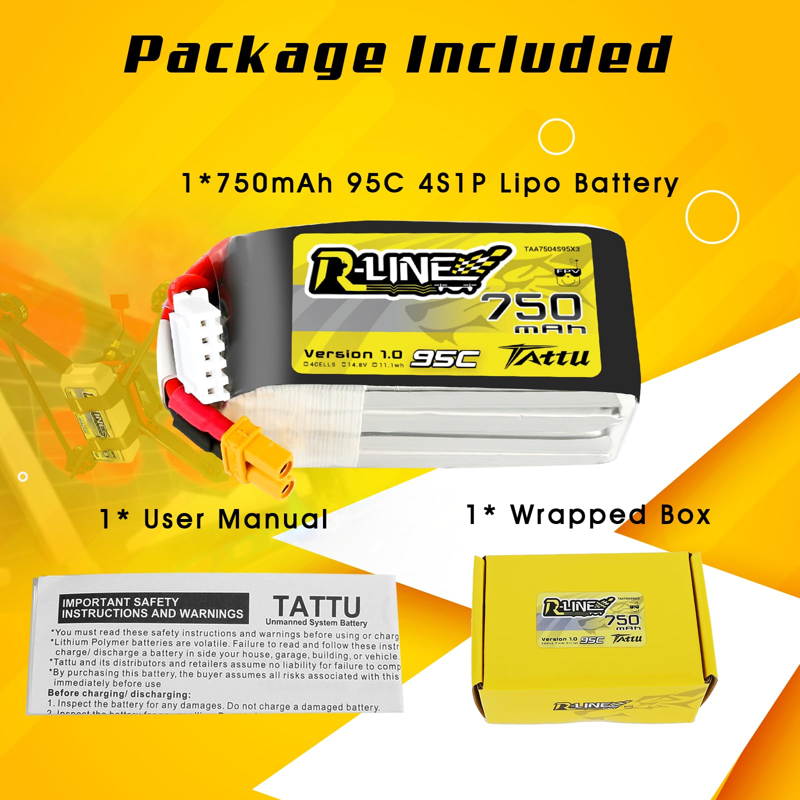 TATTU 4S 750 mAh 14,8 V 95C 4S1P Lipo akumulator z wtyczką XT30 do FPV Racing Quadrocopter 100 180 rozmiar