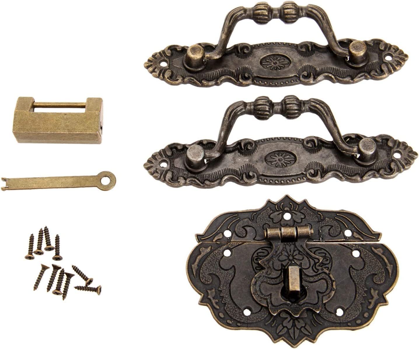 Hebilla de bloqueo segura, pestillo de ojo de gancho con hebilla de cierre retro antiguo, manija de gabinete de muebles de 2 piezas + caja de joyería de bronce de 1 pieza Cerradura antigua china + 1 h