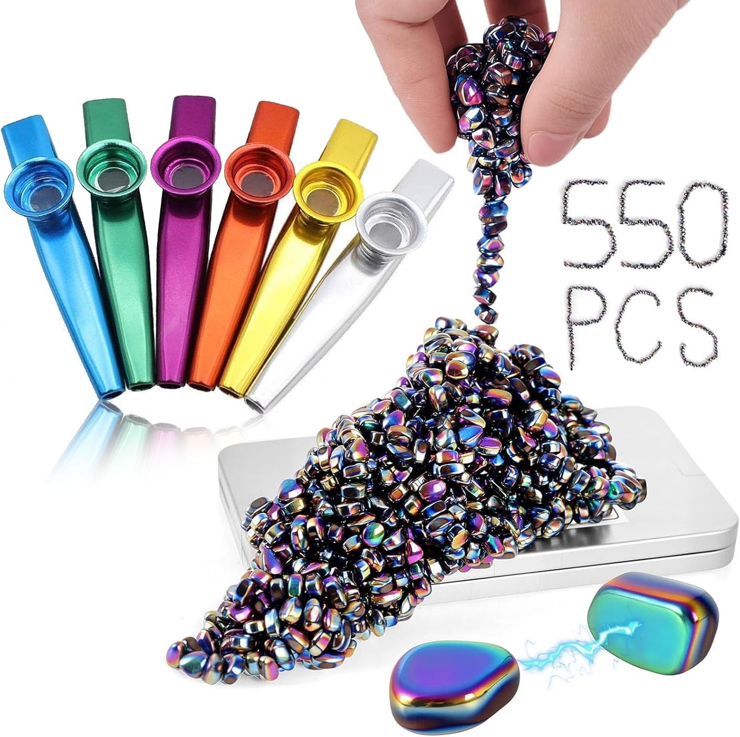Music & Fidget Set, 6 Metal Kazoos with 550 PCS Ferrite Magnetic Beads, Creative Stress Relief Toys for Parties, Office Desks, Gifts & Entertainment