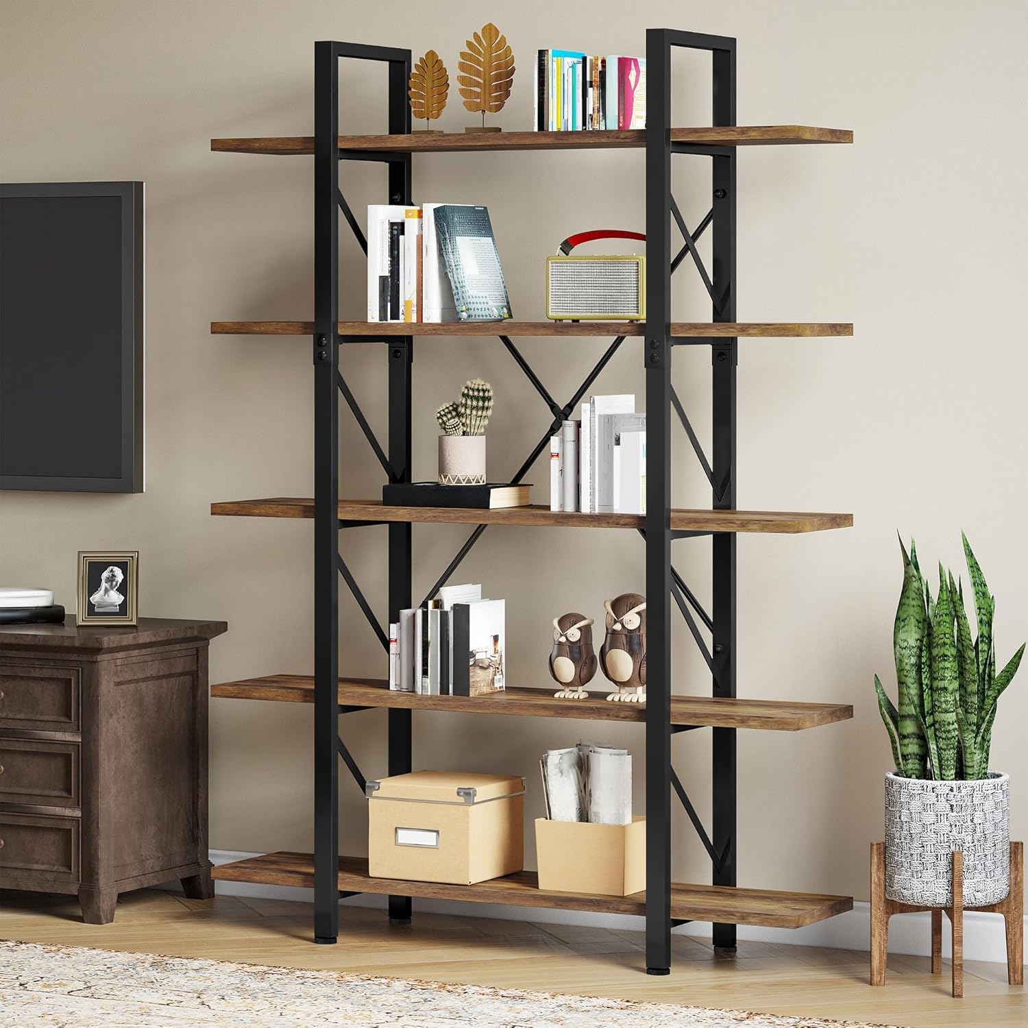 DWVO 5 Tier Bookshelf, 70.9" H Tall Bookcase Industrial Book Shelf Vintage Storage Organizer, Free Standing Storage Shelving Unit for Living Room, Bedroom, Home Office, Rustic Brown