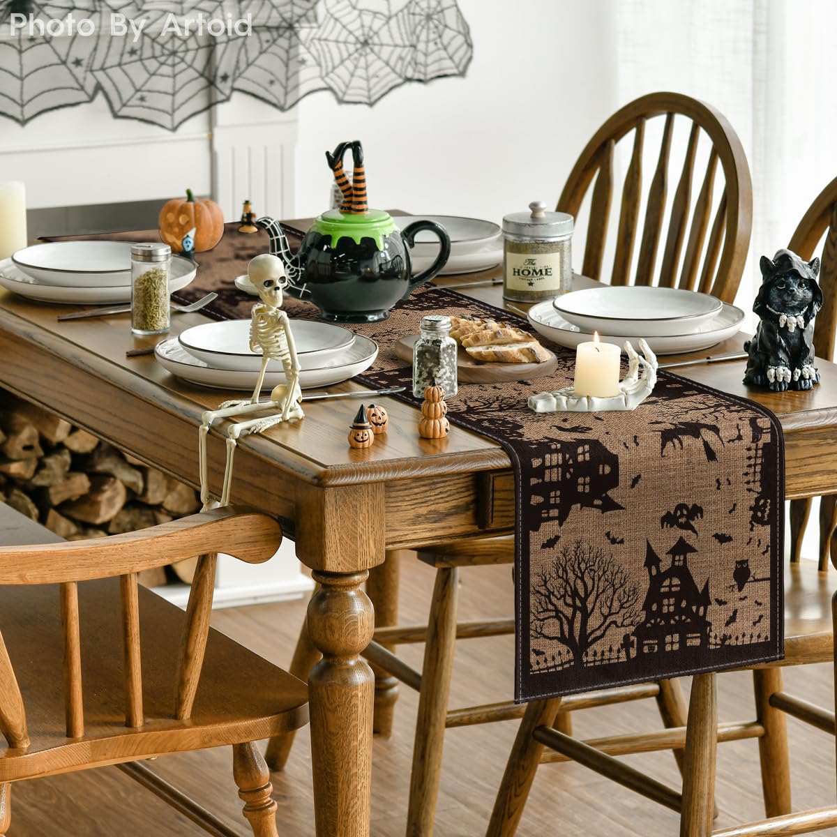 Halloween Table Runner - 13x72 Inch Spooky Haunted House Design, Polyester Kitchen Dining Decor