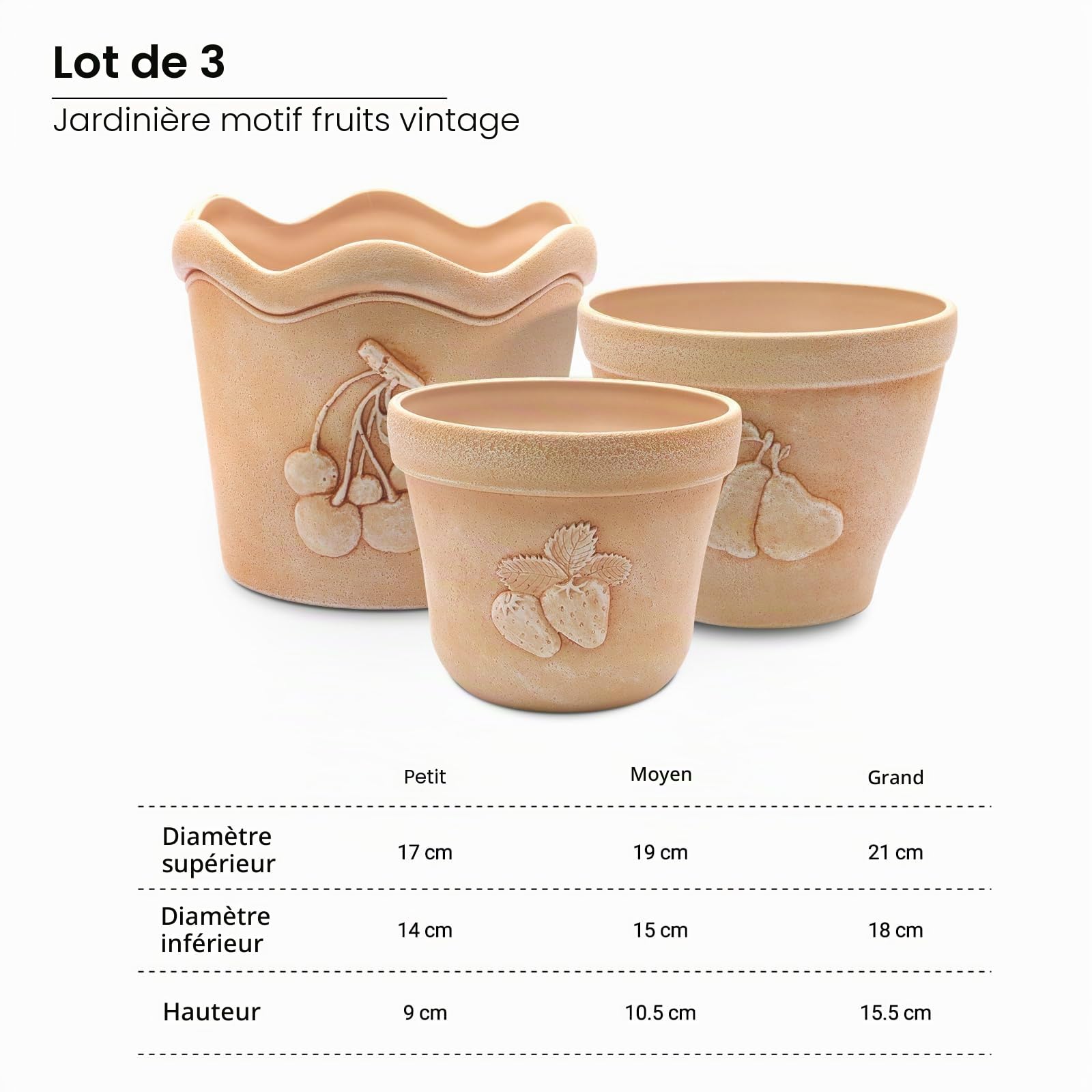 ZMTECH Lot de 3 pots de fleurs en plastique aspect béton avec trous de drainage pour intérieur et extérieur Rouge terre cuite 17,5/19/21 cm