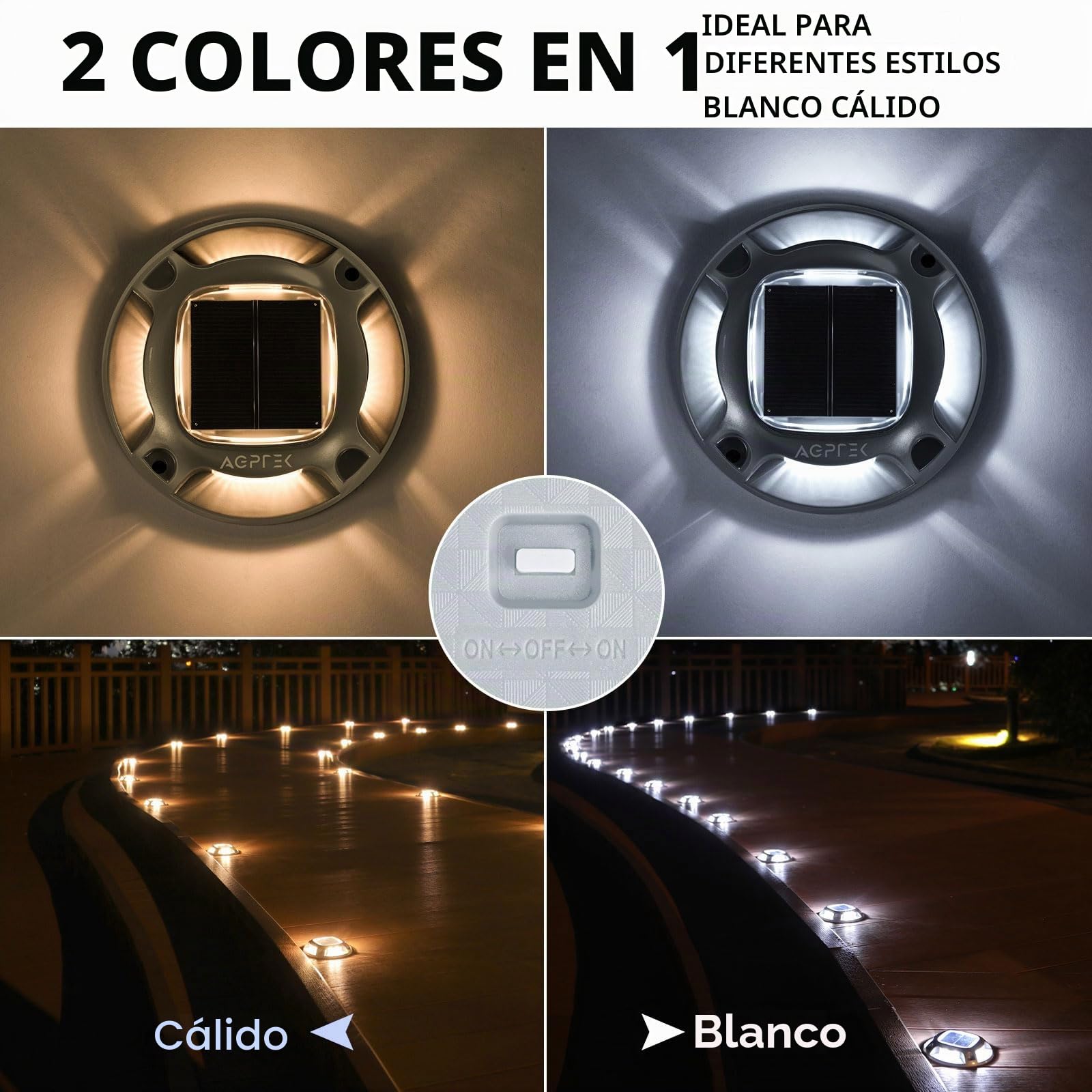 AGPTEK 8 x Luz Solar Exterior Luces IP68 Impermeable Jardín, 2 Modos | Auto ON/OFF Luz Solar Suelo 2 Color Modos para Patio, Garaje, Camino, Escaleras Aceras Pasillos (Blanco Cálido/Frío)