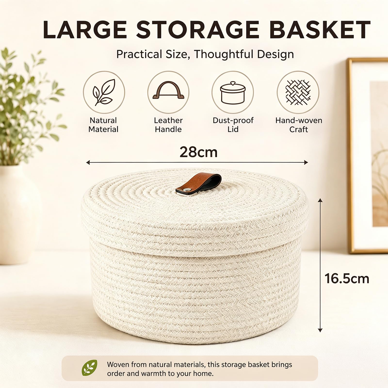 2 cestini portaoggetti con coperchio, in filo di cotone intrecciato con maniglia, cesto decorativo lavabile con coperchio, organizer multifunzione per scaffali, soggiorno e bagno (beige)