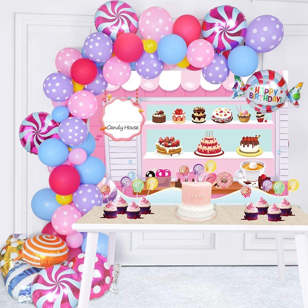 128 Pack Candy Party Decorations Set - Candy Backdrop Lollipop Balloon Cupcake Topper Party Latex Balloon Garland Arch for Christmas Candyland Birthday Decor Baby Shower Supplies