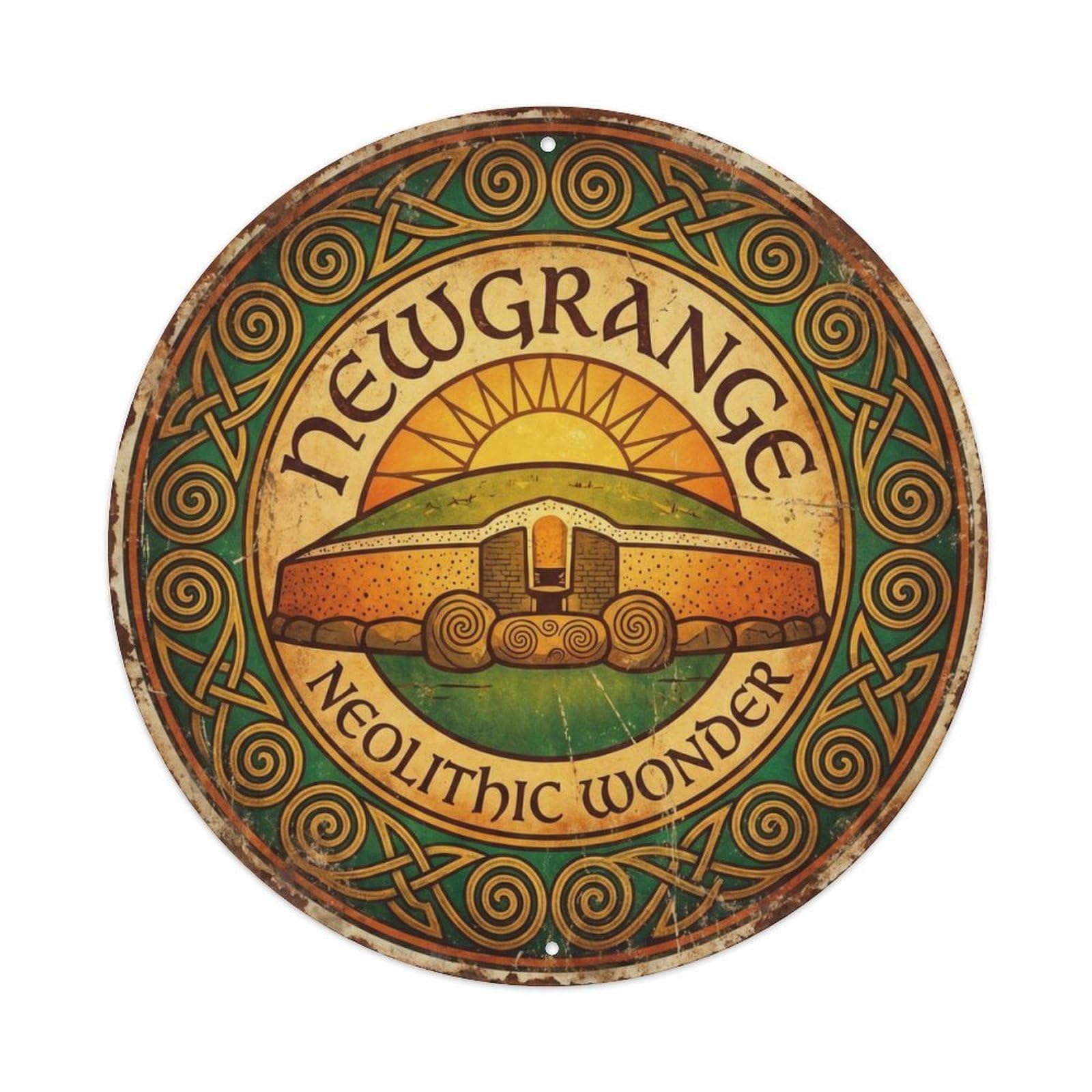 Vintage Travel Newgrange Ireland Ancient Metal Tin Sign Plaque Wall Decor for Cafe, Club Bar, Office, Home Garden Round Metal Poster 8x8Inch
