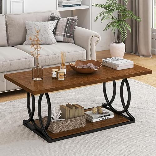 Modern Industrial Coffee Table with Storage Shelf, 41.7" Rectangular Wooden Coffee Table for Living Room, Rustic Rectangle Center Tables with Metal Ring Frame, Heavy Duty 300 lbs for Home, Office
