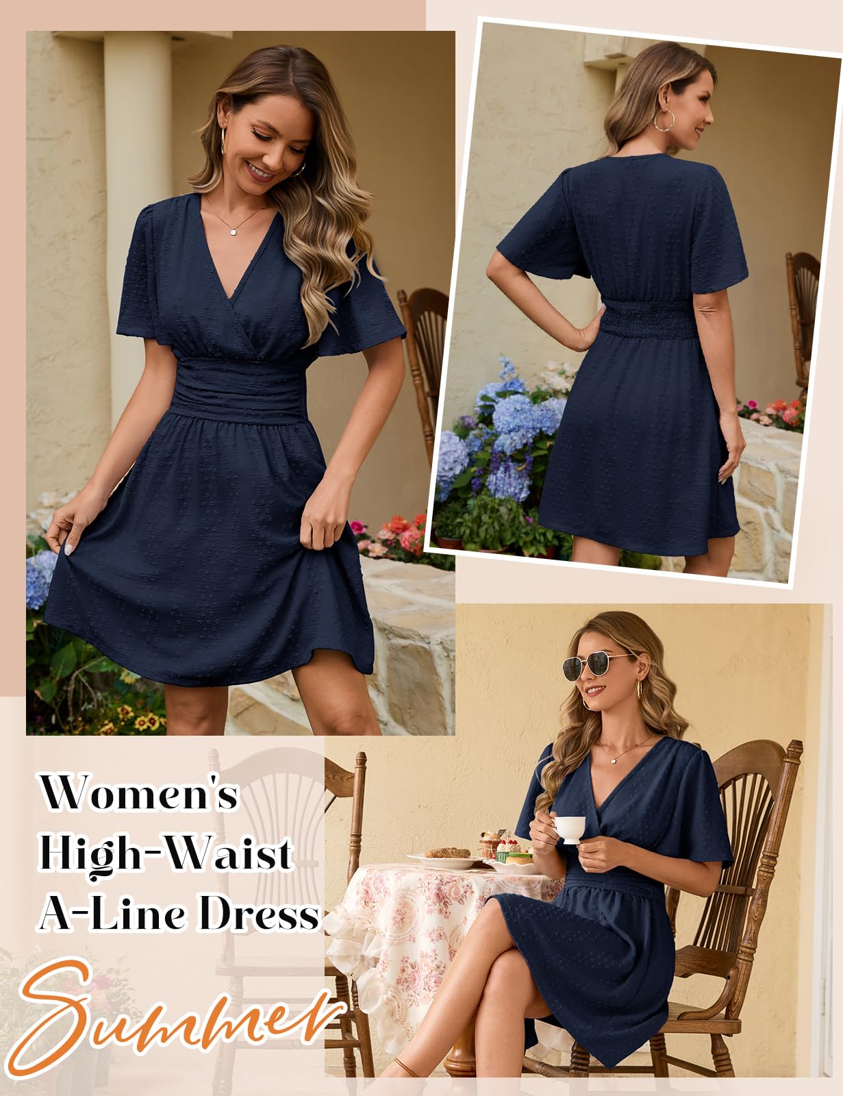 HEEKPEK Vestidos Verano Mujer Manga Corta Cuello en V Vestido de Mujer Elegante Corto Dress de Mangas Mariposa Cintura Alta Elástica Mini Vestido Sueltos Casual
