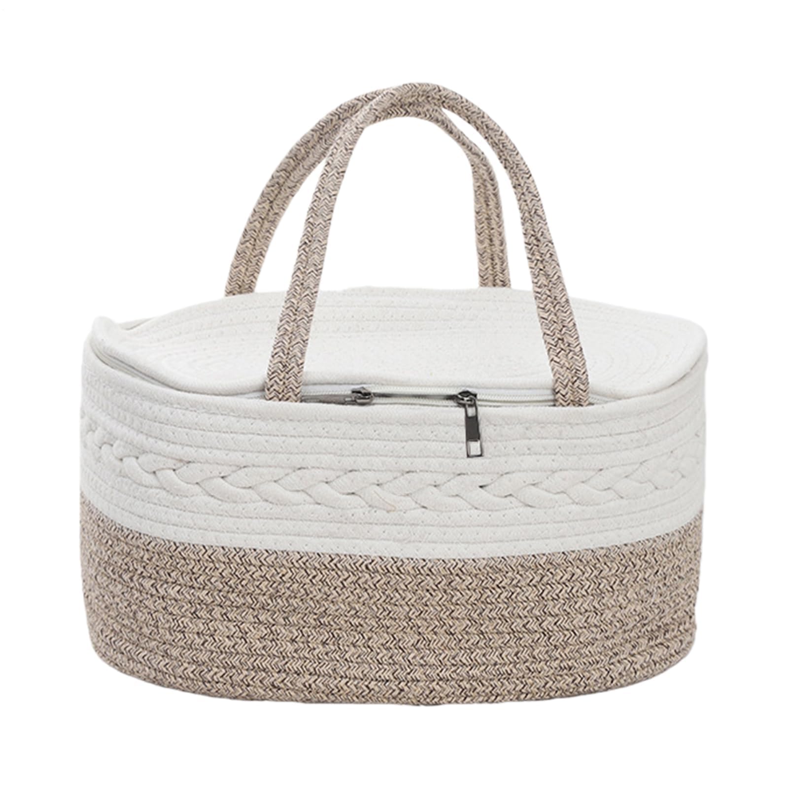 Cesta organizadora de pañales, cuerda de algodón con tapa con cremallera, cesta de guardería de gran capacidad con compartimentos intercambiables, diseño portátil, 37 x 26 x 18,5 cm
