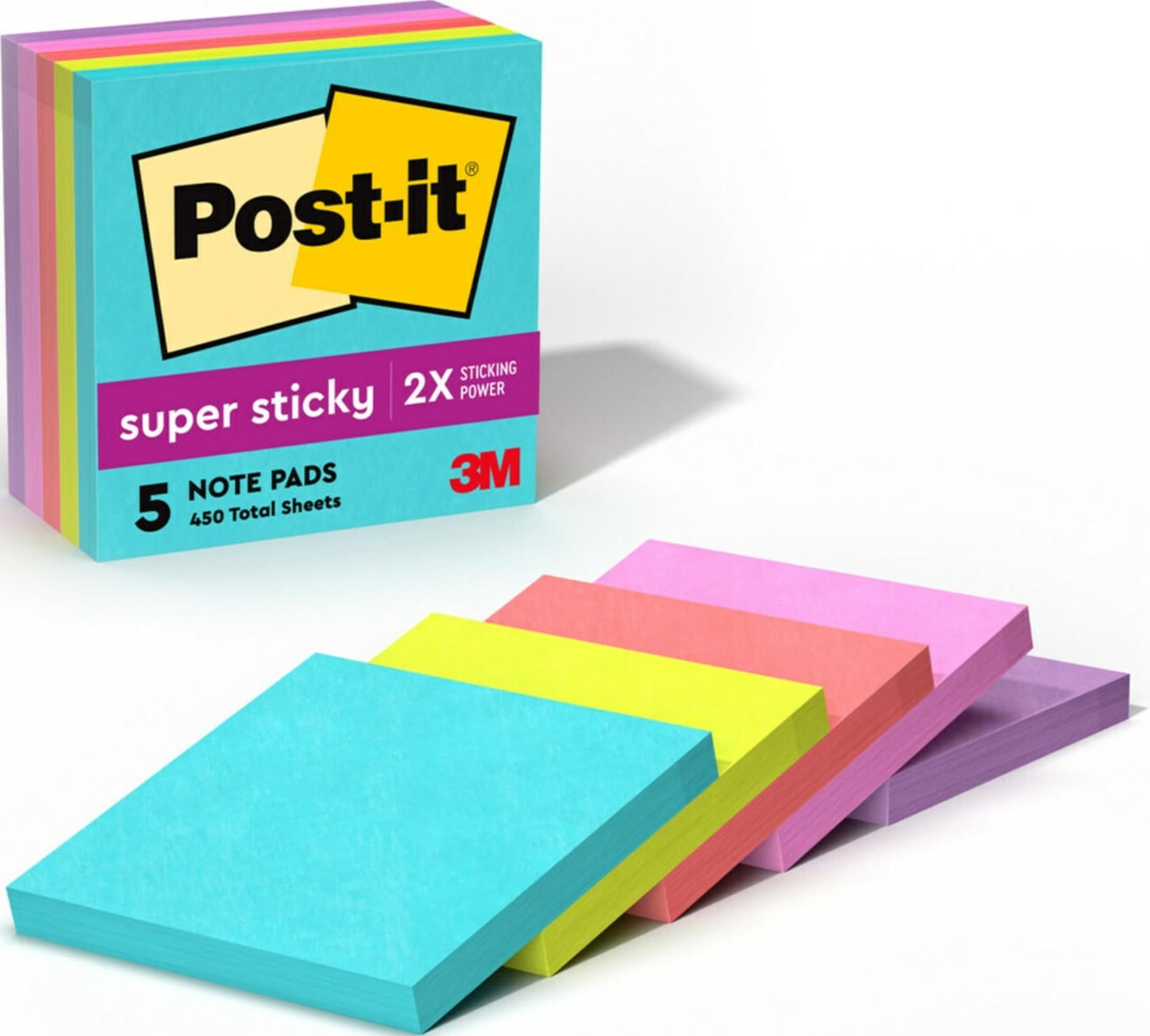Post-it Super Sticky Notes, 2X Sticking Power, 3" x 3", Miami Collection, 5 Pads per Pack, 90 Sheets per Pad (654-5SSMIA)