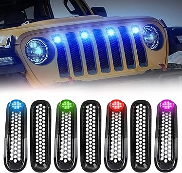 GREENBEAN Wrangler JK Grille Insert with LED Light Mesh Grille Insert for Jeep JK Wrangler 2007-2015 Black for Sahara Sport X 2/4 Door Set of 7