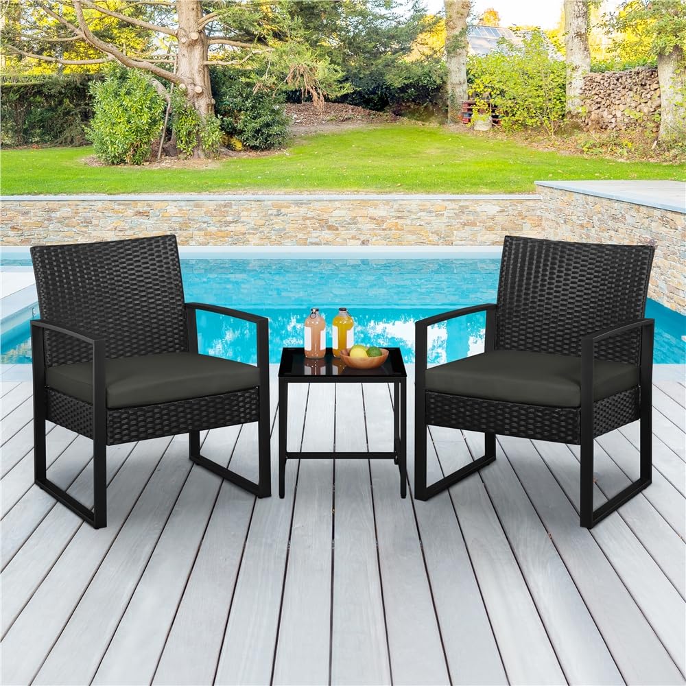 Yaheetech Salon De Jardin 3 Pièces Rotin Tressé Noir – 2 Fauteuils + Table Basse Verre & Coussins Gris