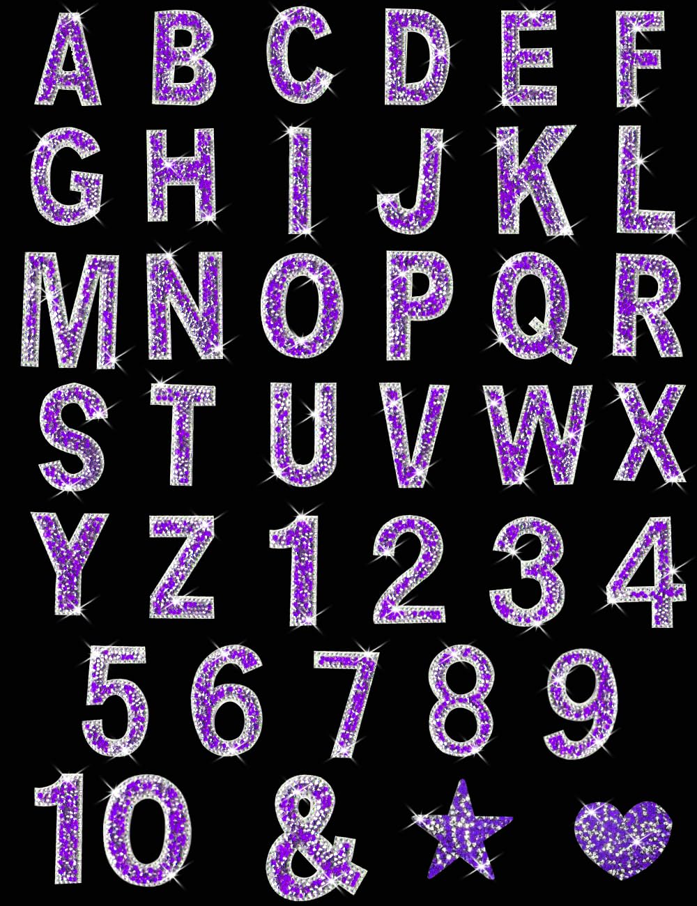 47 Pieces Rhinestone Letter Stickers Large,26 Self Adhesive Alphabet Stickers,10 Number Crystal Glitter Stickers,Heart Stickers for Clothing Jeans Caps Shoes Bags DIY Decorations (Purple)