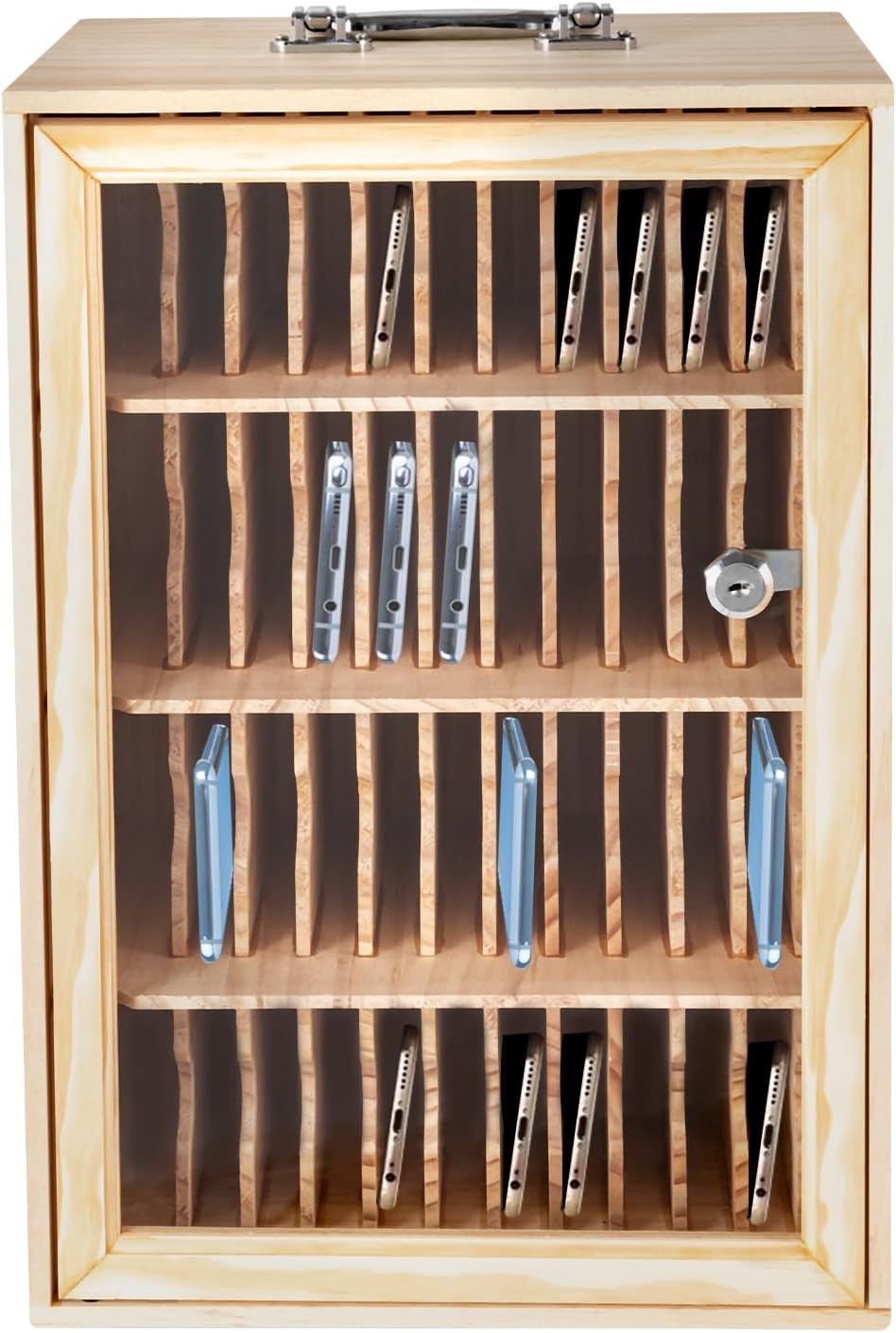 48 Slots Cell Phone Storage Box Wood Wall-Mounted Cell Phone Lockers Storage Cabinet Bin with Door Locks and Keys for Classroom School Students Office Factory Employees