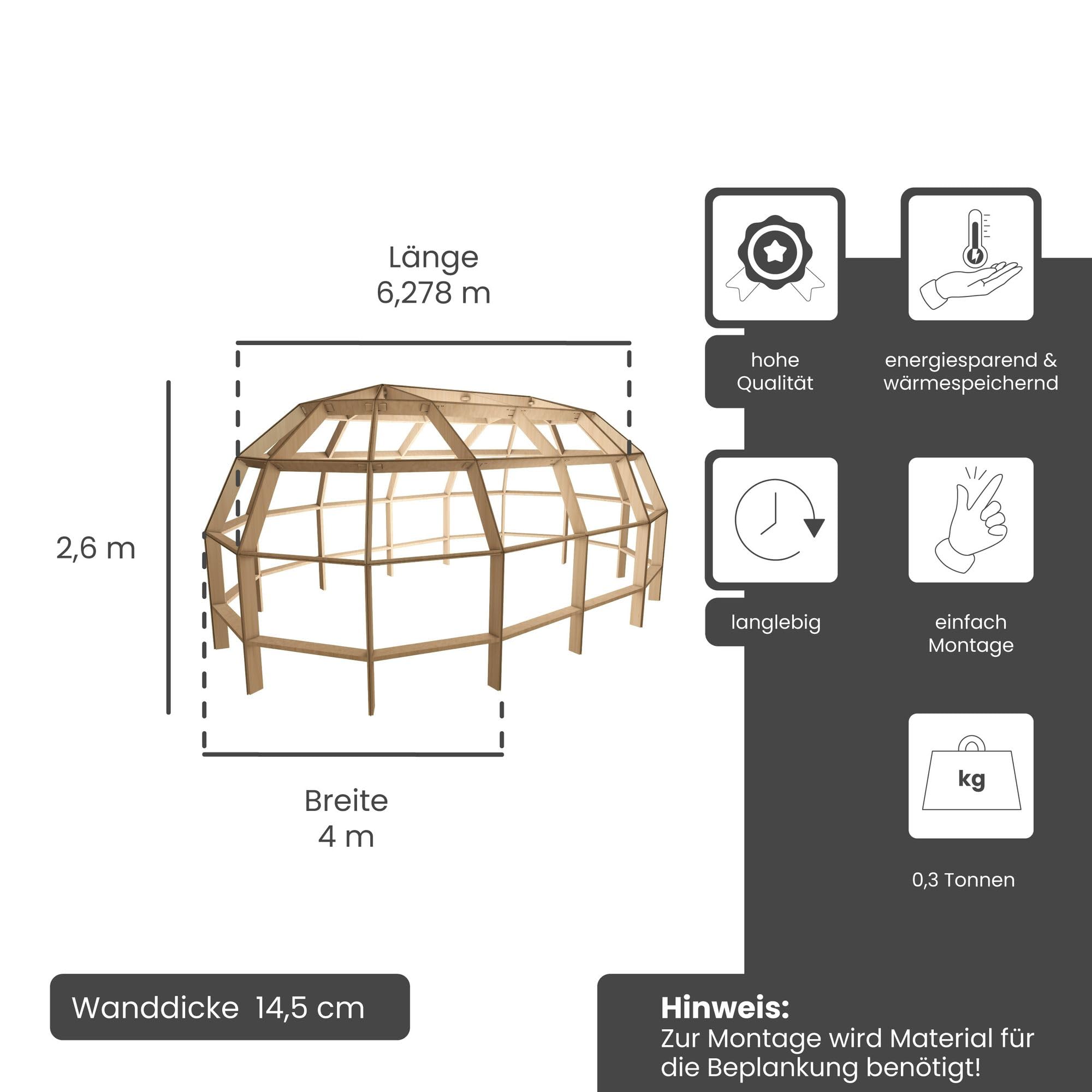 19m² Bausatz Gartenhaus, 1 Etage, Long Dome Braun Holz | Tiny House, Holzhaus, Set mit allen Einzelteilen für Holzrahmen, Innen- & Außen individuell gestaltbar