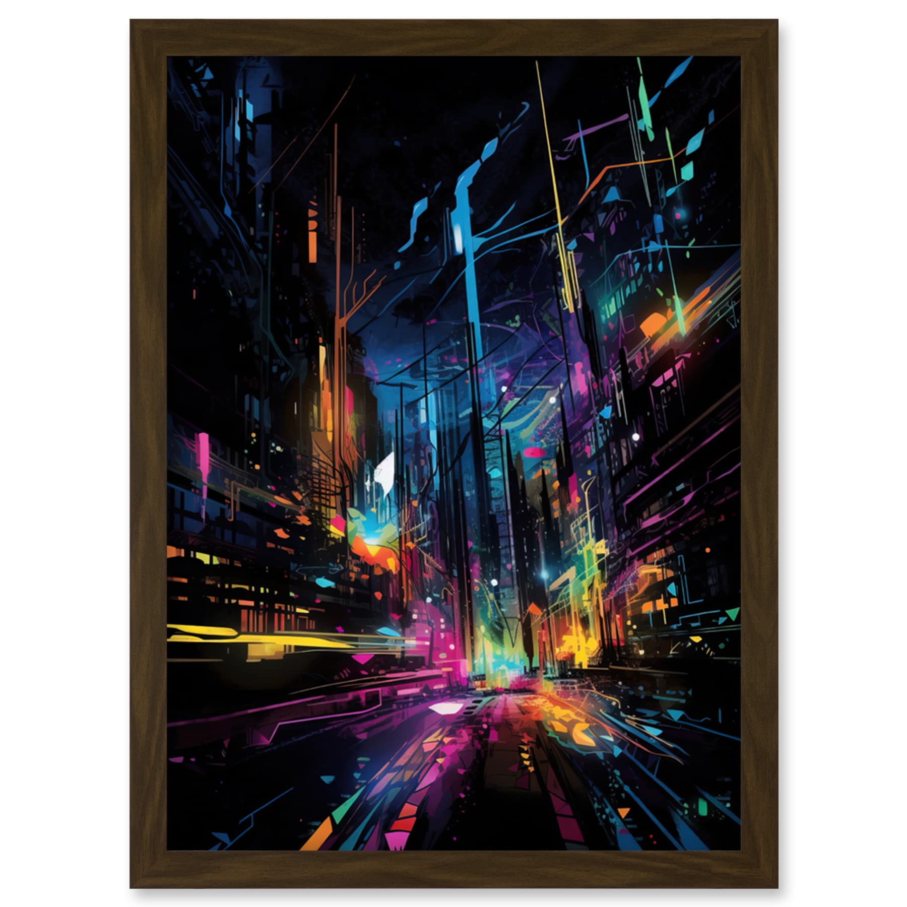 Artery8 New York City at Night Modern Abstract Neon Contrast Painting Artwork Framed Wall Art Print A4