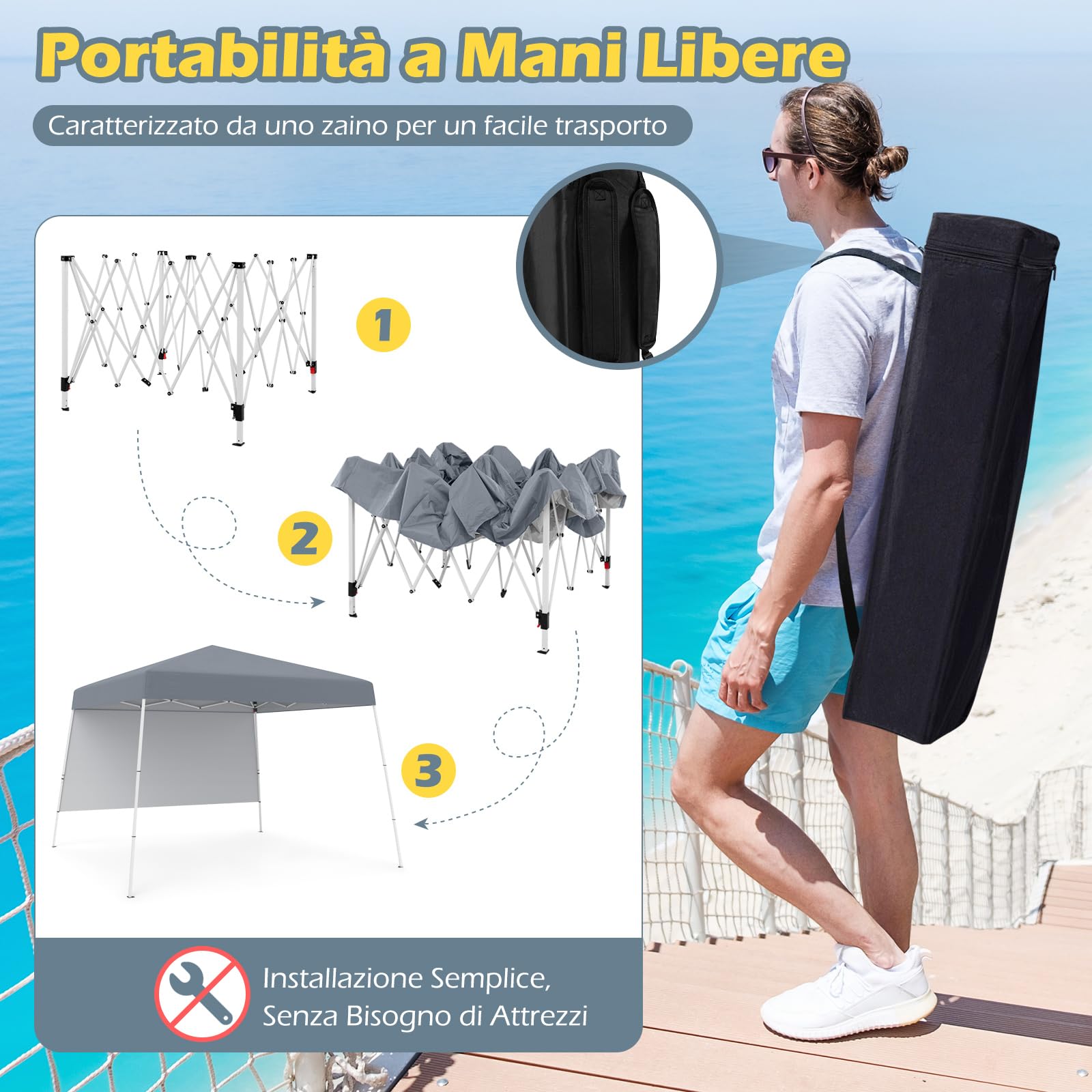 COSTWAY Gazebo Pop-up da Esterno 3 x 3 m, Gezebo Pieghevole con 1 Parete Laterale, Zaino Portatile e 4 Picchetti, Tendone Impermeabile e Resistente per Campeggio e Feste (Grigio)