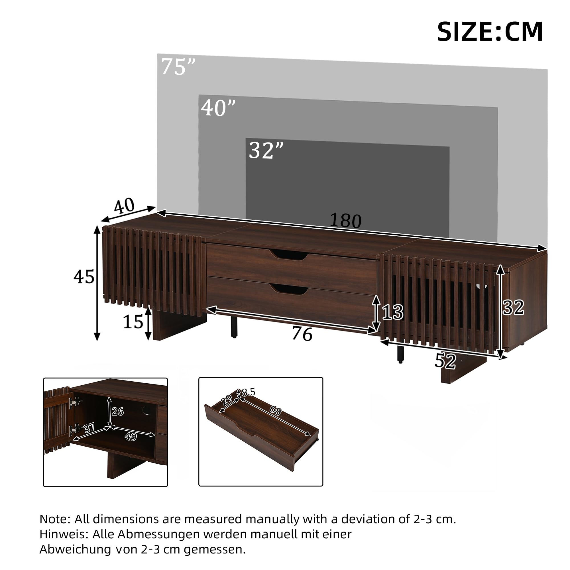 180 x 40 x 45 cm, ciemny orzech, posiada dwie szuflady i wyjątkowe drzwi szafy, szafka pod telewizor, szafka pod telewizor, szafka pod telewizor, nadaje się do telewizorów do 75 cali