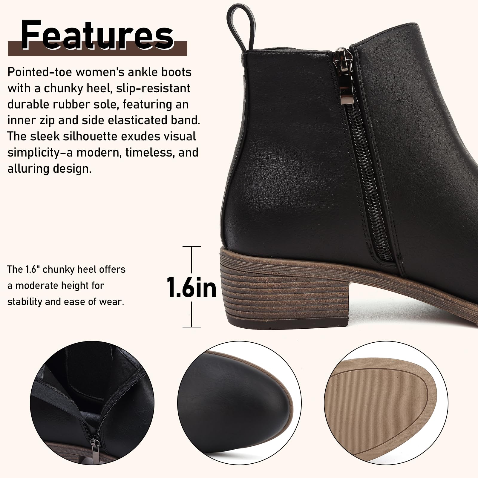 Botas de tobillo para mujer, impermeables, para caminar, a la moda, botines Chelsea con cremallera lateral, zapatos de tacón bajo, puntera puntiaguda, botines cortos casuales