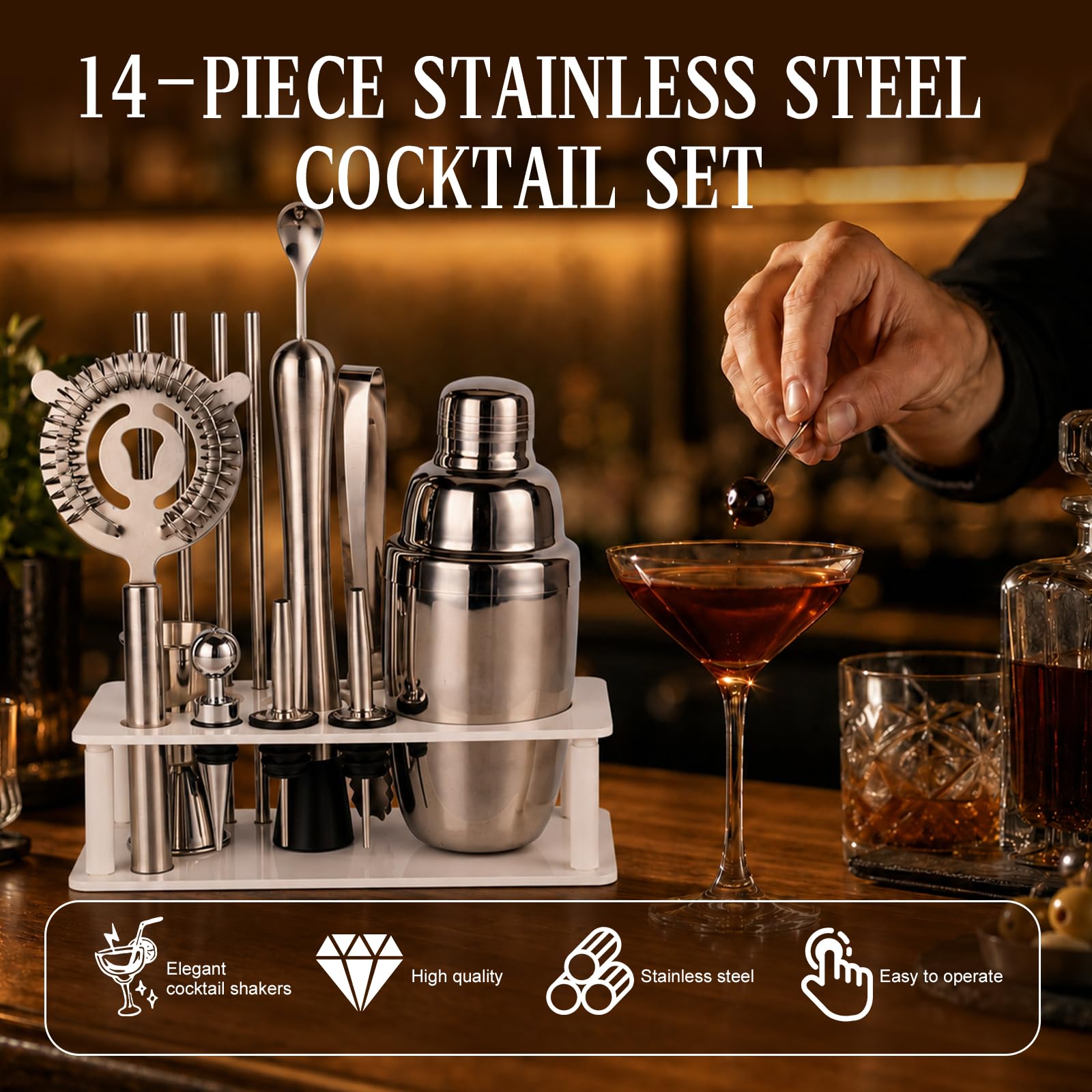 Lot de 14 shaker à cocktail de 550 ml avec support, accessoires de bar, kit cadeau de barman, shaker à cocktail avec outils de bar importants, shaker en acier inoxydable pour fête (blanc)