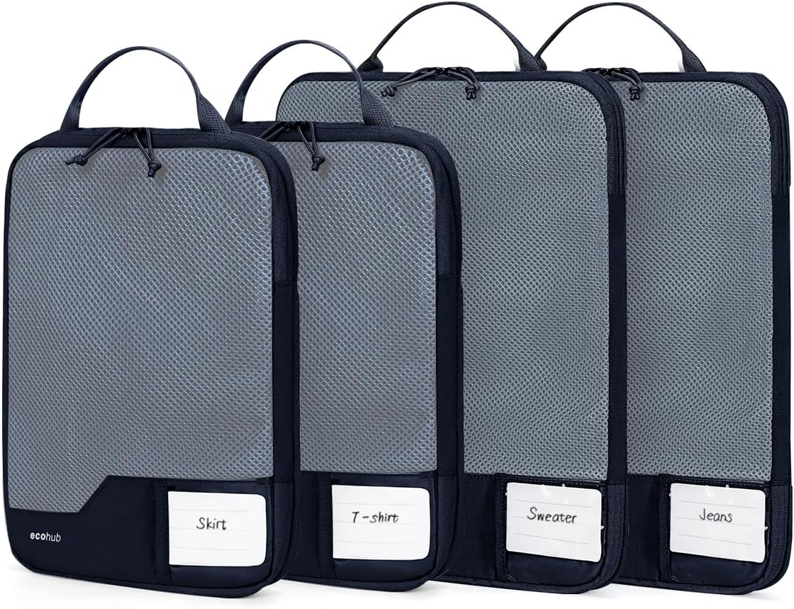 ECOHUB 4 Set Compression Packing Cubes for Travel Essentials, Suitcases Organizer Bags with Tag, Travel Bags Organizer for Luggage, Navy Blue-Compress
