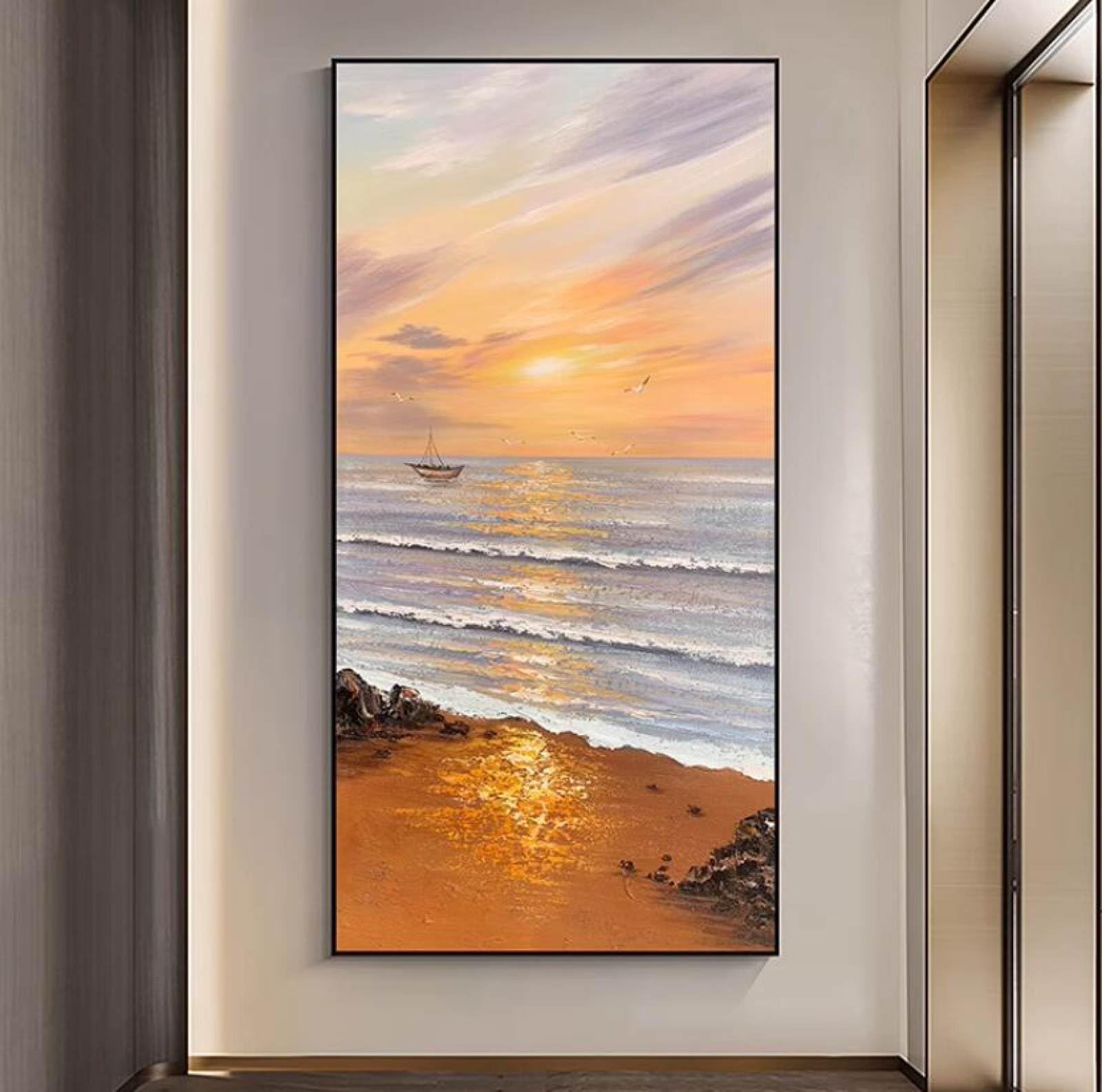 Peinture de paysage de plage lever de soleil grand format tableau d'art moderne