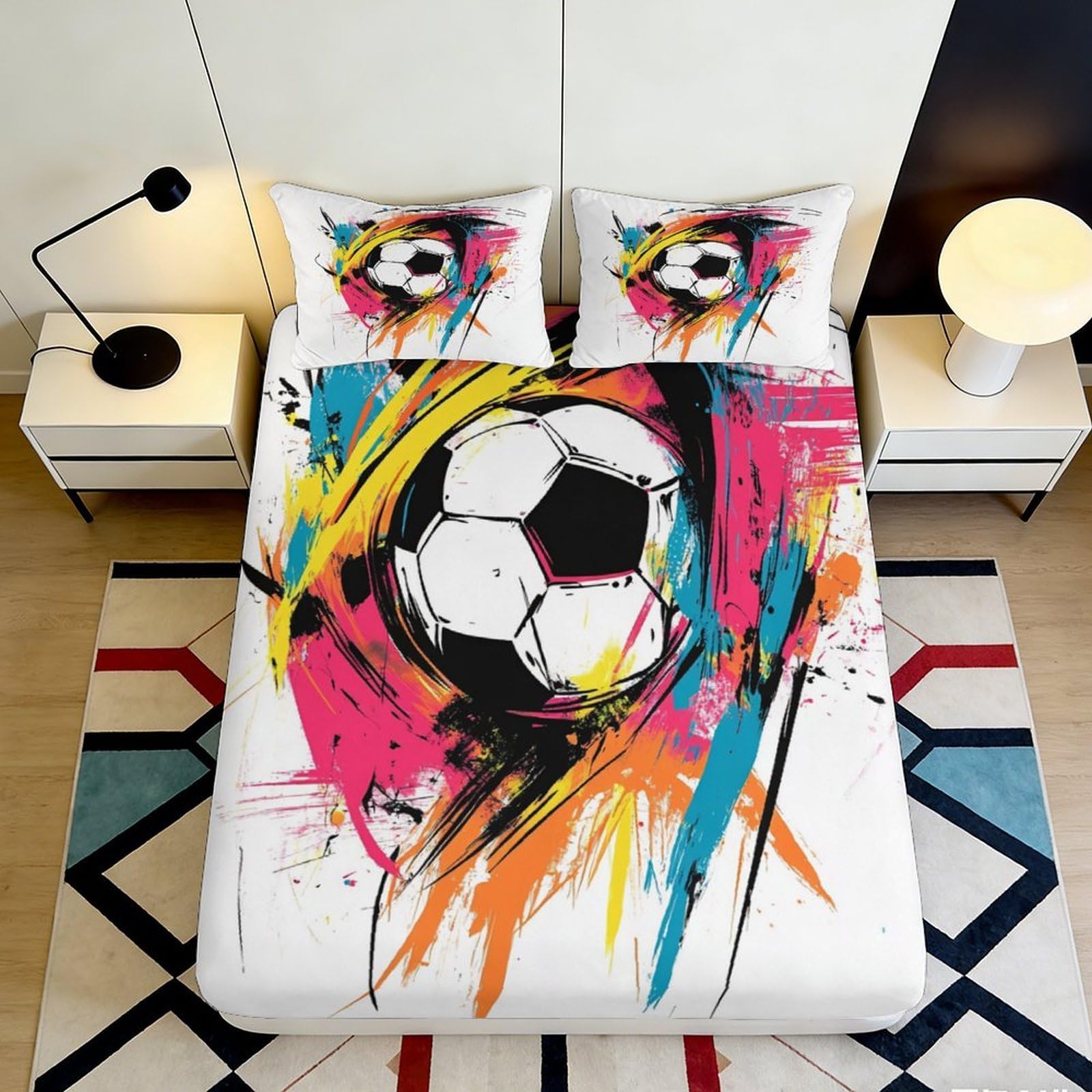 3D Printed Graffiti Soccer Fitted Sheet Microfiber Vibrant Spray Art Mattress Cover for Bedroom Decor 90x200x25cm