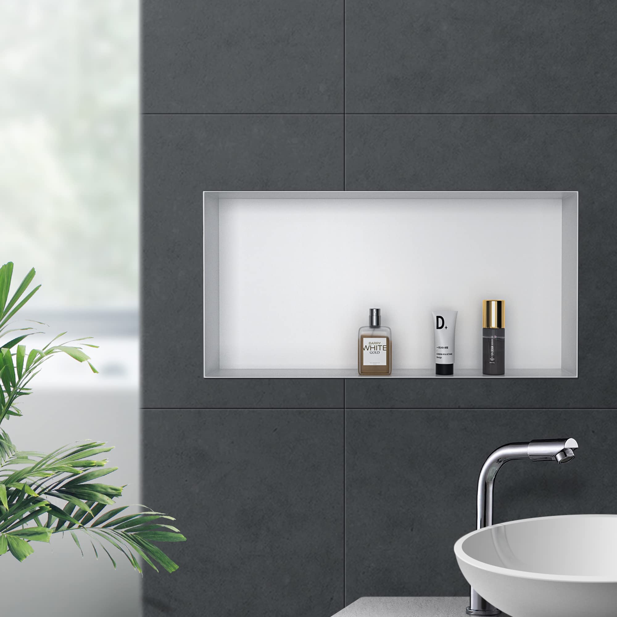 Nicho de ducha de acero inoxidable blanco 60 cm × 30 cm × 10 cm No requiere azulejos ducha nicho para almacenamiento de baño nicho de ducha empotrada sin bordes, montaje al ras