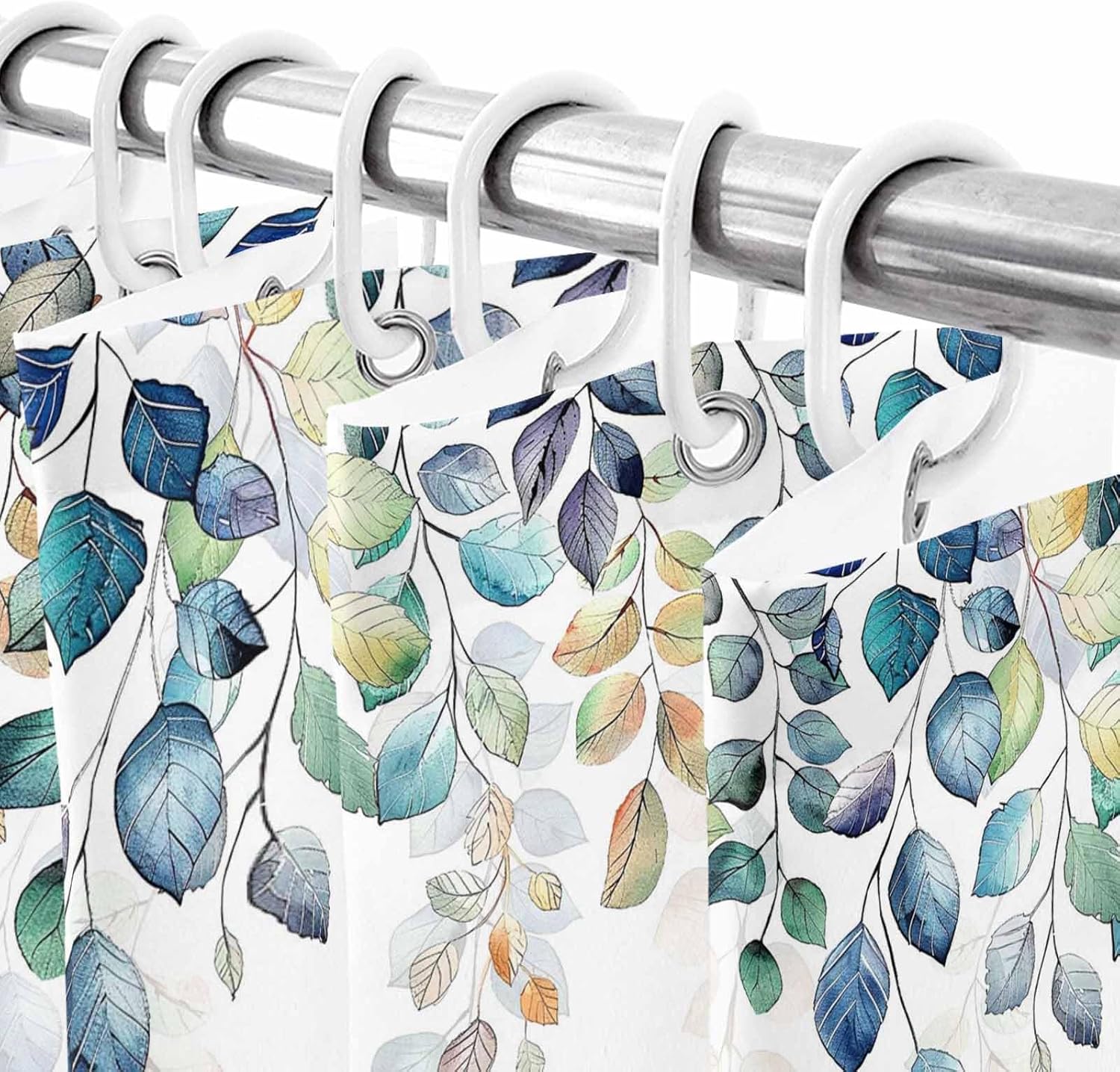 Fall Shower Curtain Blue Eucalyptus Leaves Pumpkin Bathroom Curtains with Hooks, Waterproof Fabric Autumn Watercolor Leaf Harvest Thanksgiving Shower Curtains Set for Bathroom Bathtubs Holiday 72x72
