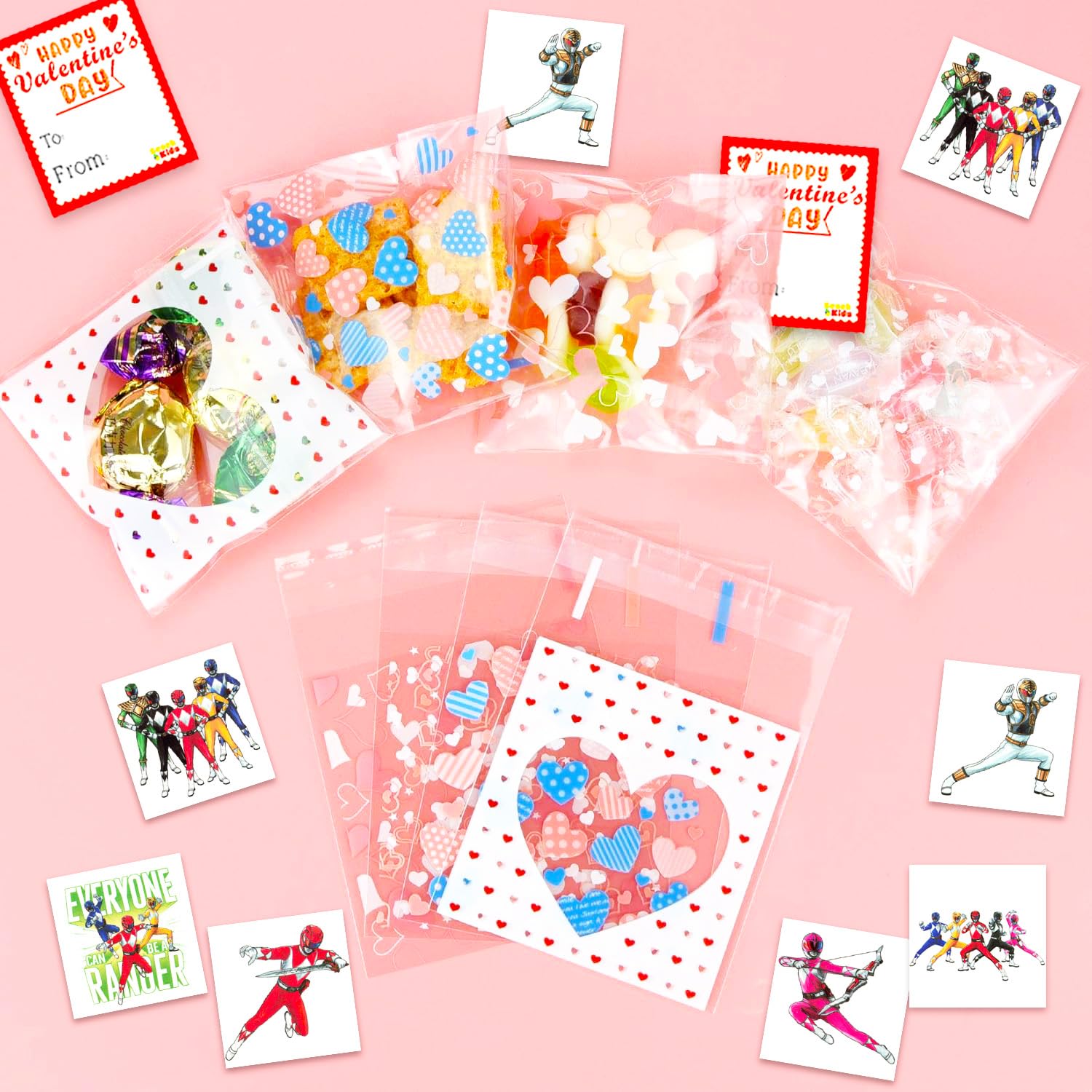 Power Rangers Valentine's Day Classroom Gift Exchange - 24 Student Bundle with Power Rangers Temporary Tattoos, Goodie Bags, To/From Stickers for Valentines Handouts | Valentines Kids Party Favors